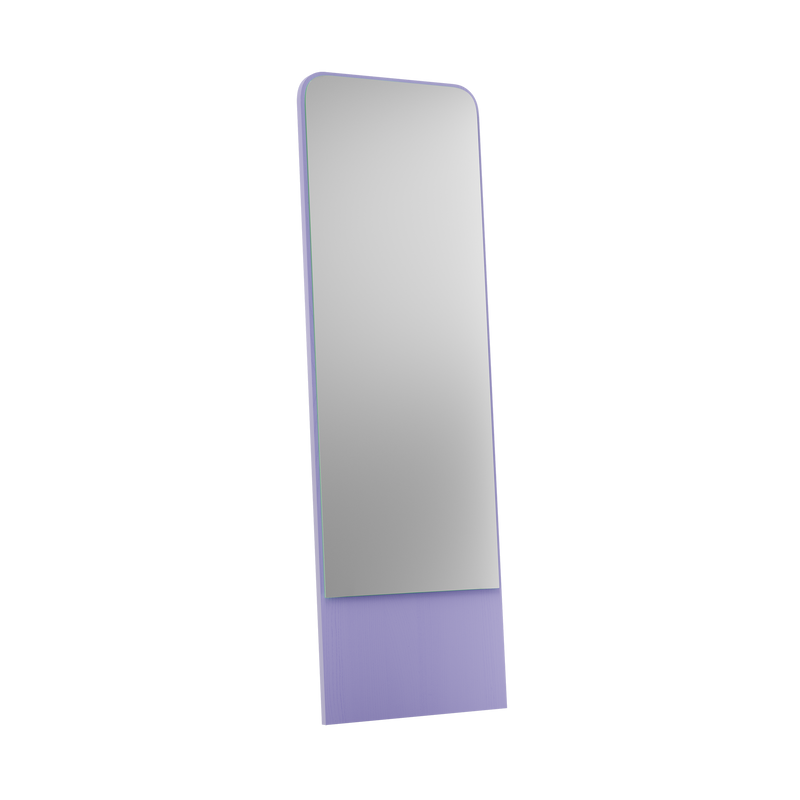 The Friedrich Mirror by Objekte unserer Tage is a sleek, minimalist full-length mirror with a silver reflective surface and light purple base that beautifully enhances any contemporary living space against its black background.