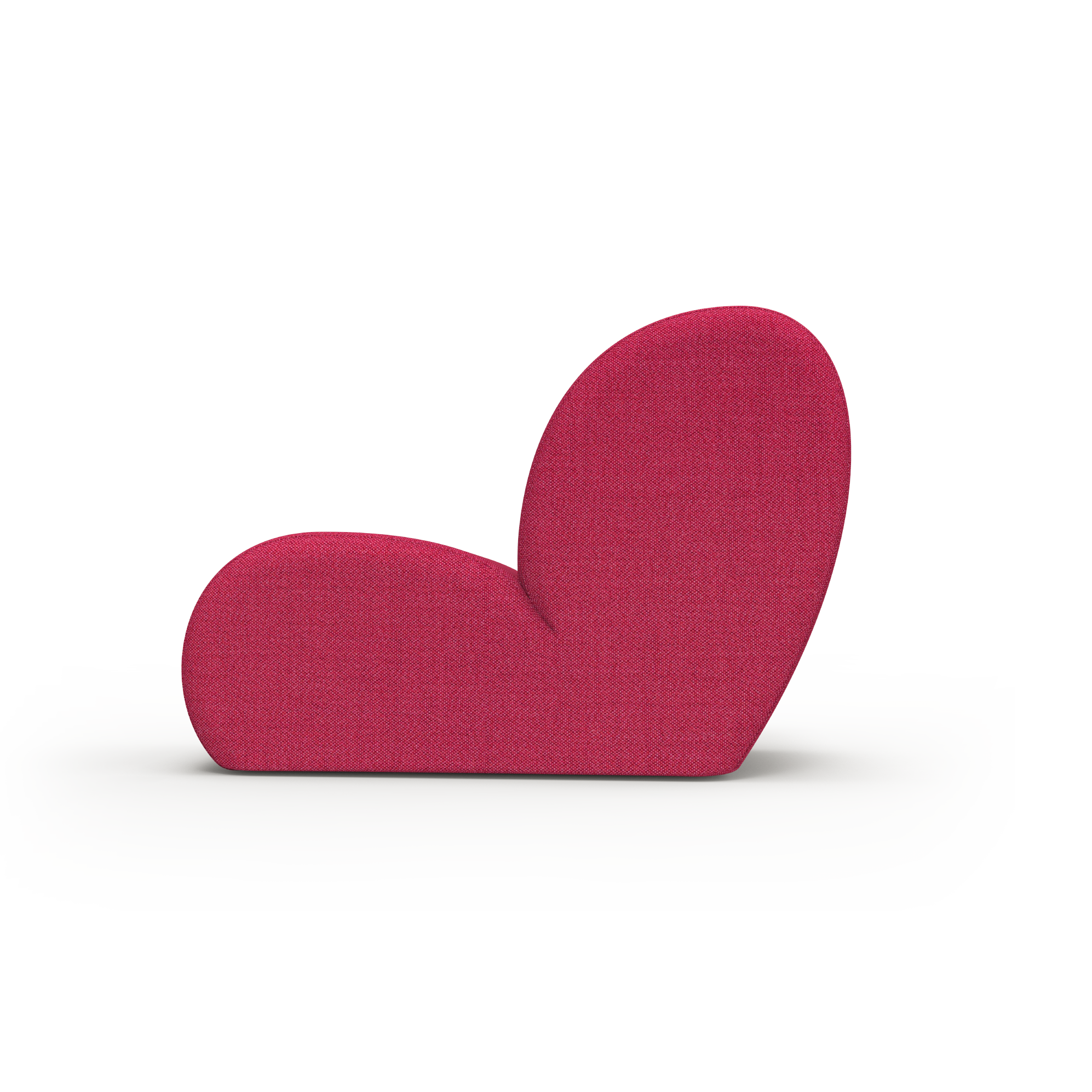 The Levi Lounge Chair by Objekte unserer Tage is a modern abstract piece in vibrant red fabric. Featuring a unique heart-tilted structure with a backrest and seat, it sits strikingly against a plain light gray background.