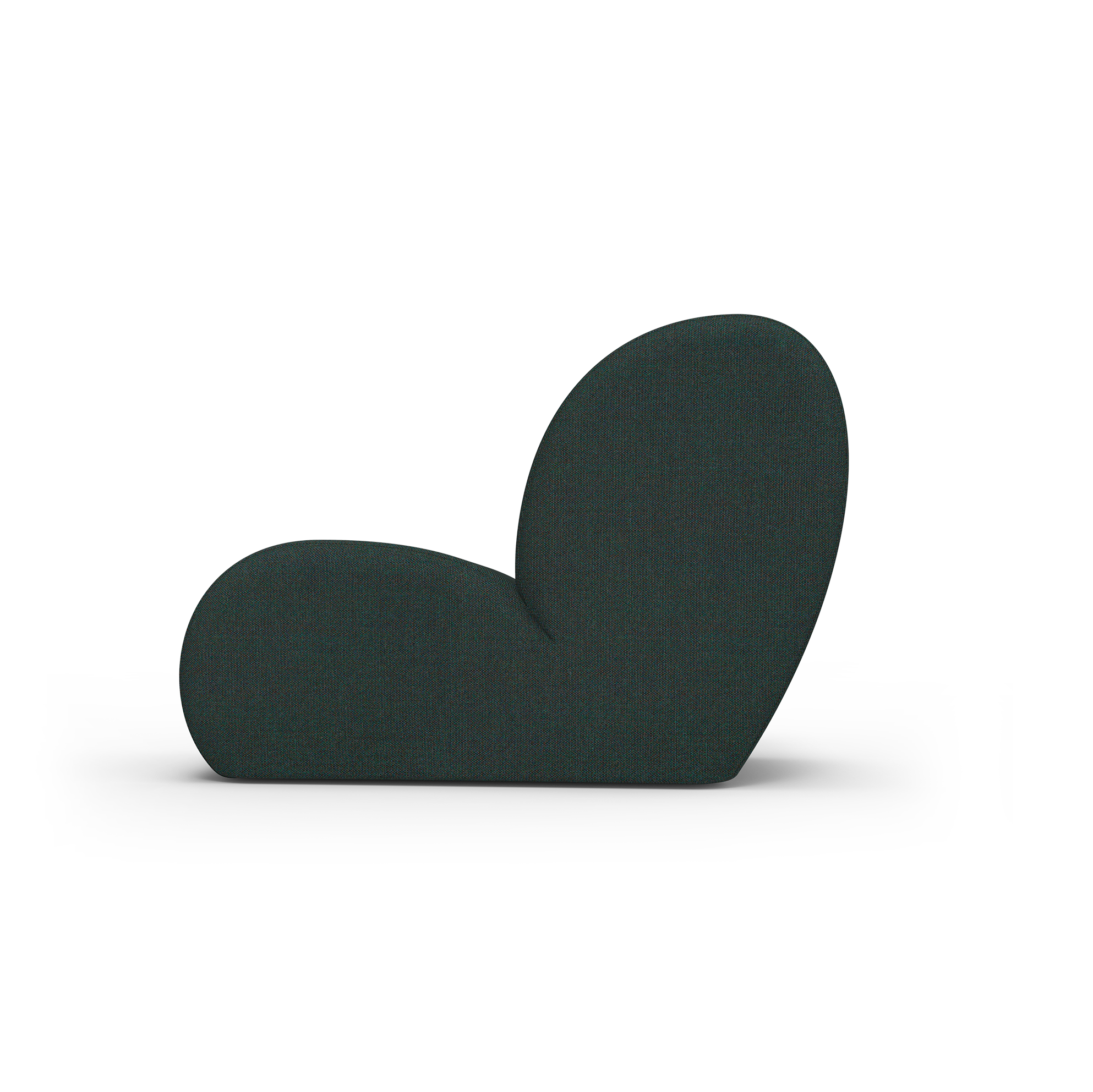 The Levi Lounge Chair by Objekte unserer Tage is a modern, dark green upholstered piece with an abstract design featuring curves and a low profile, set against a gray background. This versatile chair exemplifies the finest handcrafted upholstery.