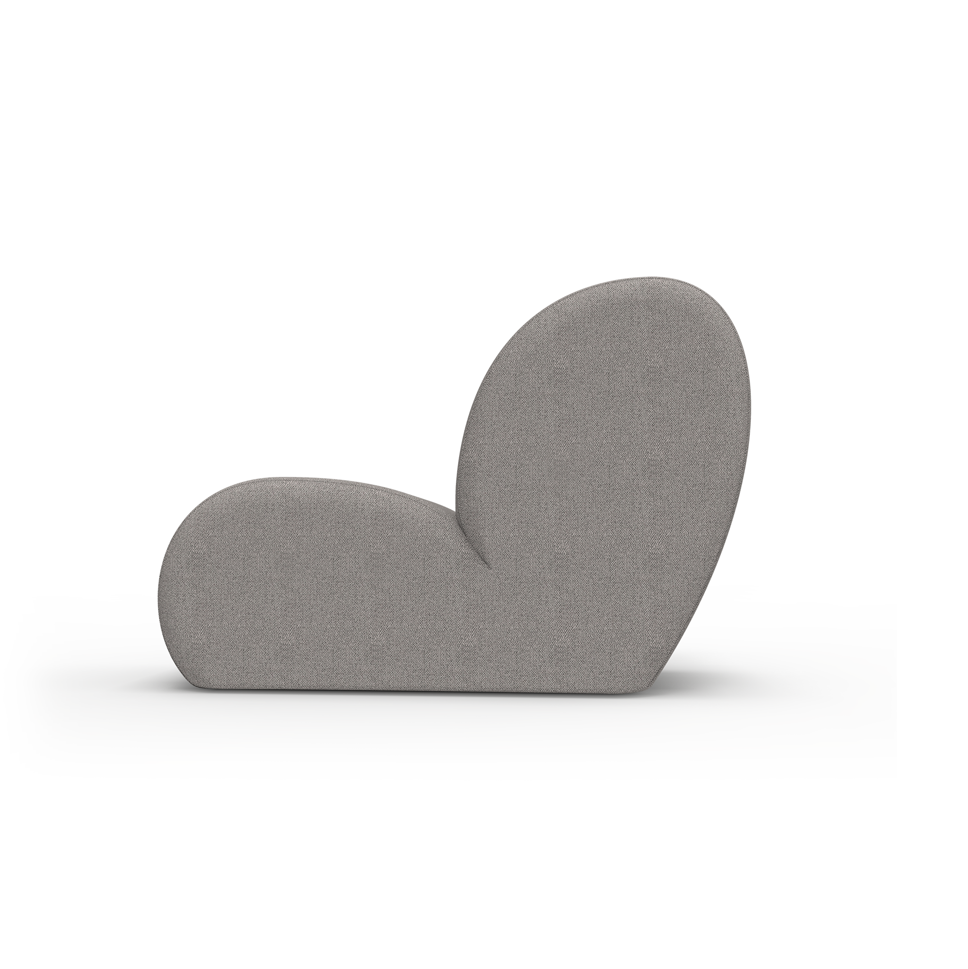 The Levi Lounge Chair by Objekte unserer Tage is a versatile, minimalist, gray heart-shaped seat with handcrafted upholstery and smooth, rounded contours set against a plain background for a modern, artistic design.