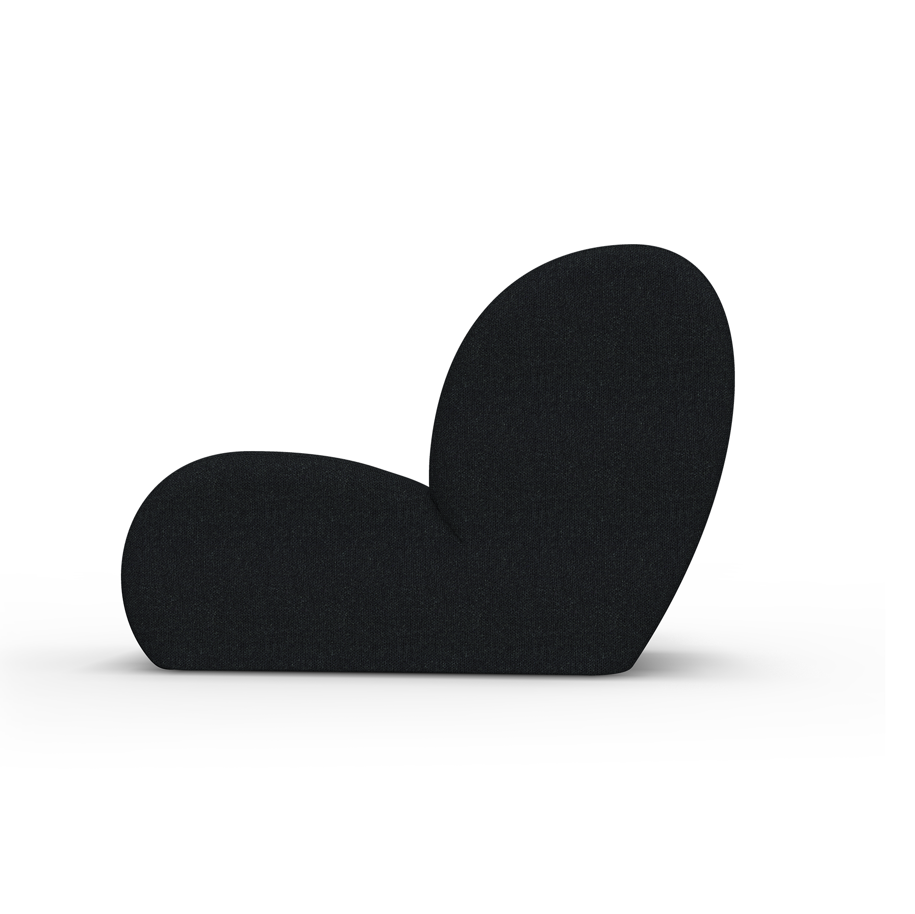 The Levi Lounge Chair by Objekte unserer Tage is a minimalist, modern piece with a curved, abstract design and handcrafted dark upholstery. Set against a plain gray background, it has a low seat and high backrest for a sculptural look.