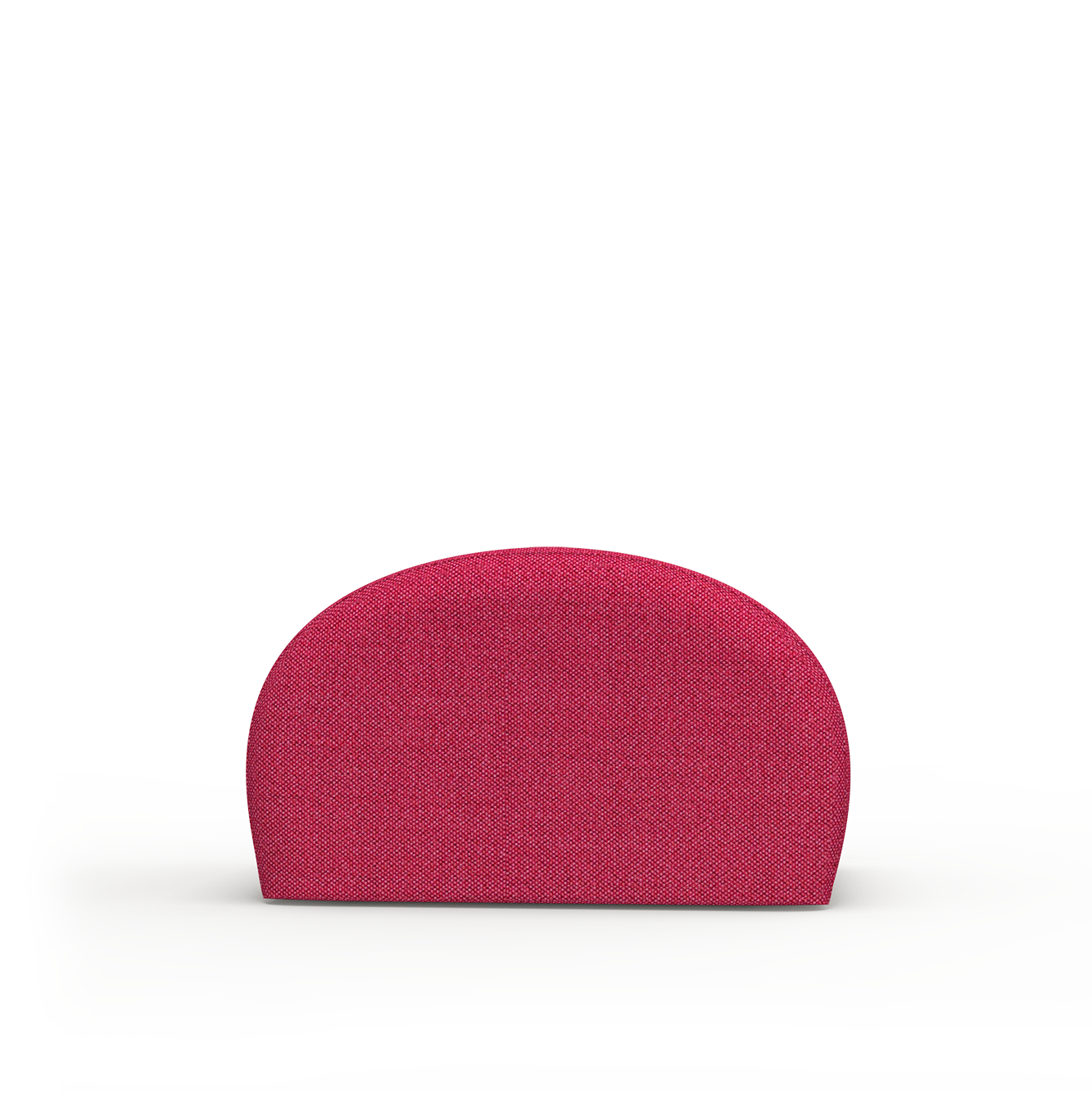 Introducing the Levi Pouf by Objekte unserer Tage: a pink upholstered semicircular cushion on a neutral surface. This versatile piece boasts handcrafted upholstery, textured fabric, smooth curves, and minimalist design while standing upright.