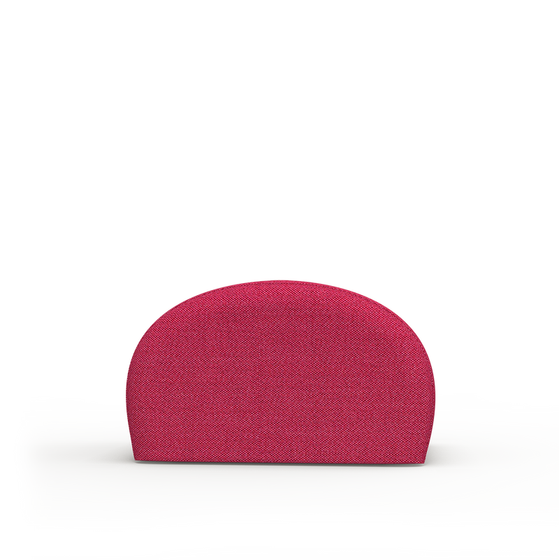 Introducing the Levi Pouf by Objekte unserer Tage: a pink upholstered semicircular cushion on a neutral surface. This versatile piece boasts handcrafted upholstery, textured fabric, smooth curves, and minimalist design while standing upright.