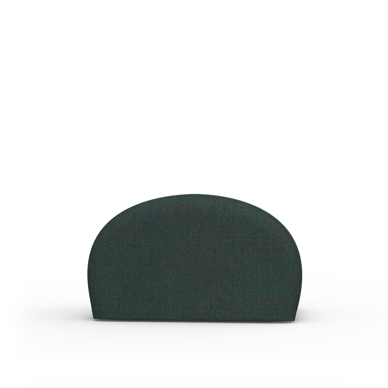 A dark green, semi-circular Levi Pouf by Objekte unserer Tage rests centrally on a plain white background. The smooth, plush upholstery is handcrafted and displayed upright.
