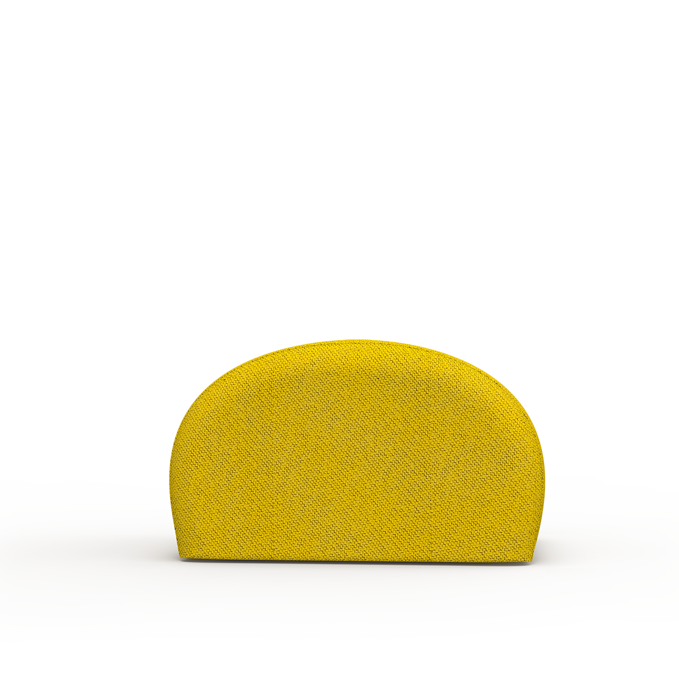 A handcrafted, yellow-textured Levi Pouf by Objekte unserer Tage, shaped like a small curved half-circle on a neutral background, stands upright, reflecting the elegance of LEVI Seating Objects versatile upholstered pieces.