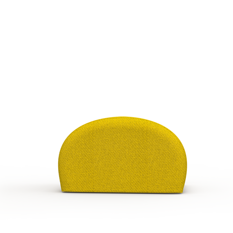 A handcrafted, yellow-textured Levi Pouf by Objekte unserer Tage, shaped like a small curved half-circle on a neutral background, stands upright, reflecting the elegance of LEVI Seating Objects versatile upholstered pieces.