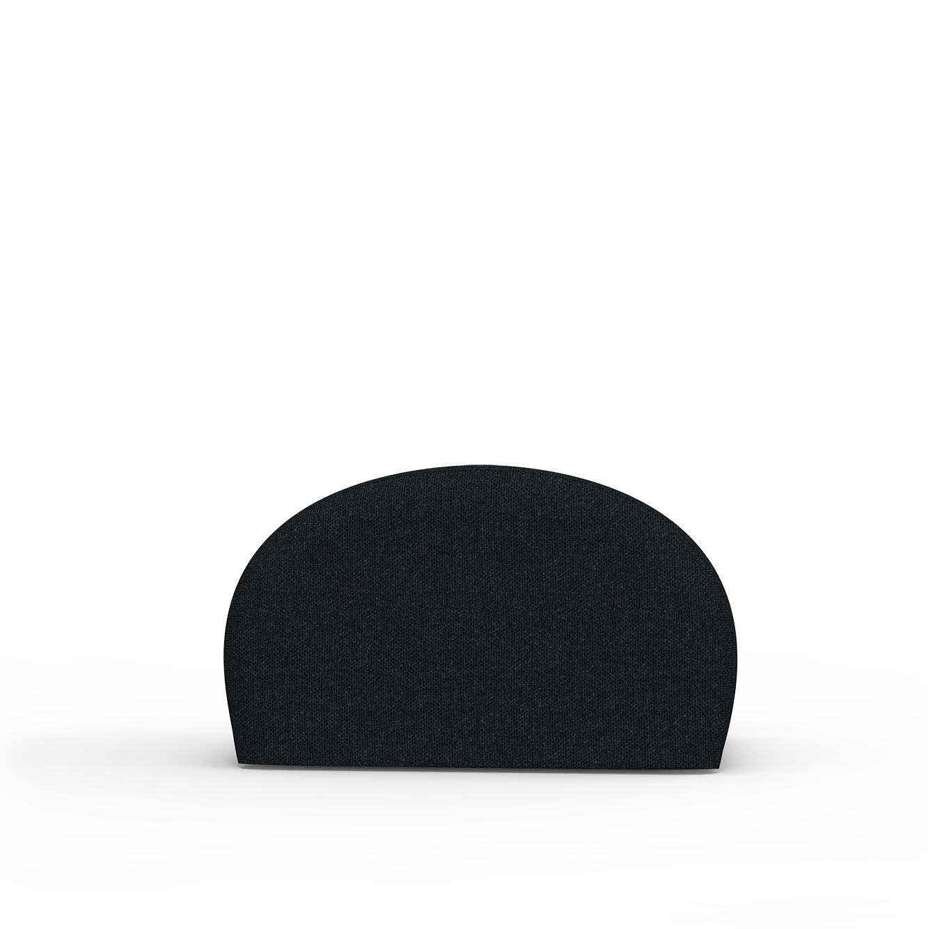 The Levi Pouf by Objekte unserer Tage is a black, semi-circular seating piece with handcrafted upholstery. It boasts a textured surface, versatile design, smooth top curve, and flat base, set against a plain gray background.