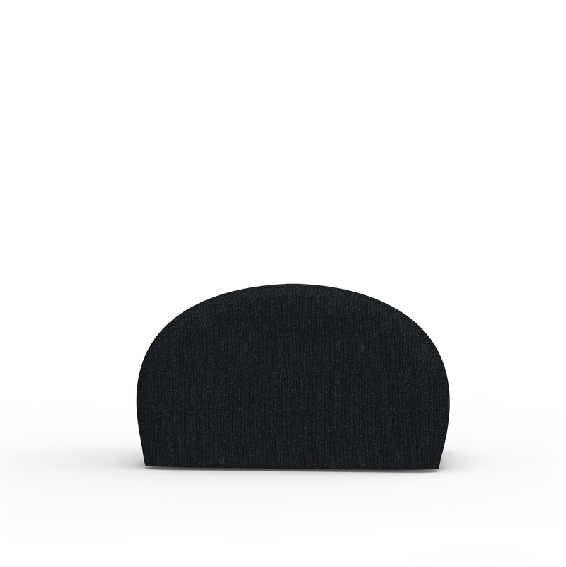 The Levi Pouf by Objekte unserer Tage is a black, semi-circular seating piece with handcrafted upholstery. It boasts a textured surface, versatile design, smooth top curve, and flat base, set against a plain gray background.