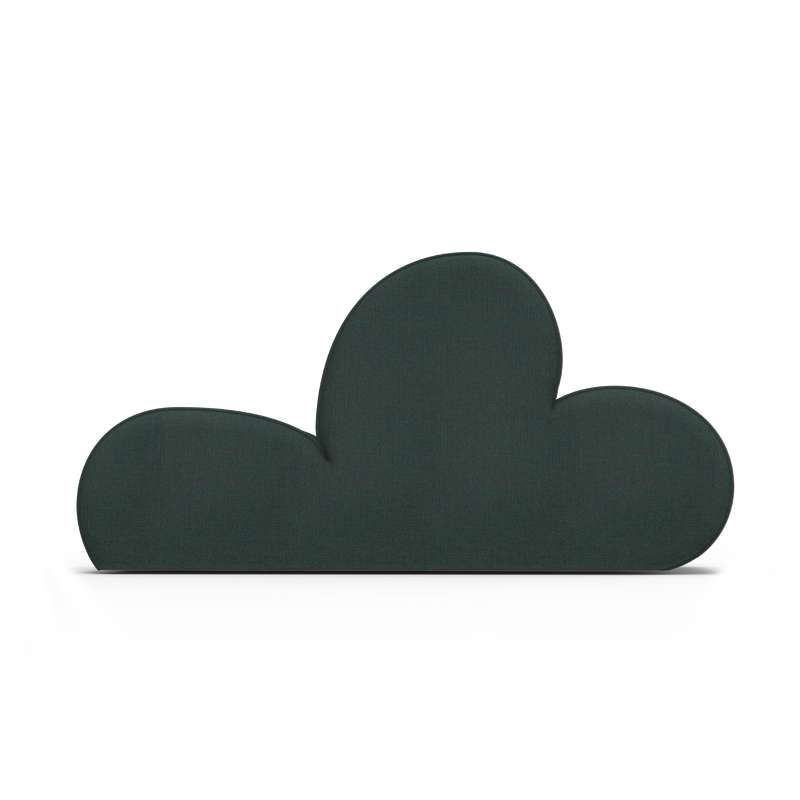 The dark green, cloud-shaped Levi Sofa by Objekte unserer Tage features handcrafted upholstery and two white side ties, set against a plain white background.