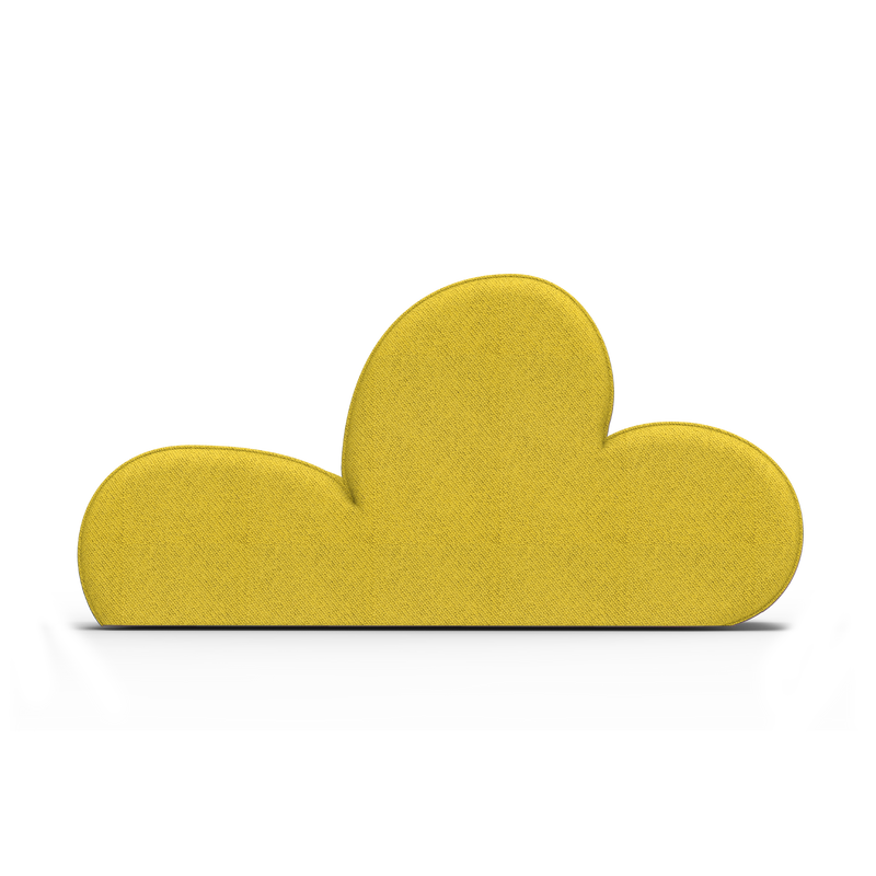 The Levi Sofa by Objekte unserer Tage is a yellow cloud-shaped cushion with handcrafted upholstery and a textured fabric surface, set against a neutral gray background.