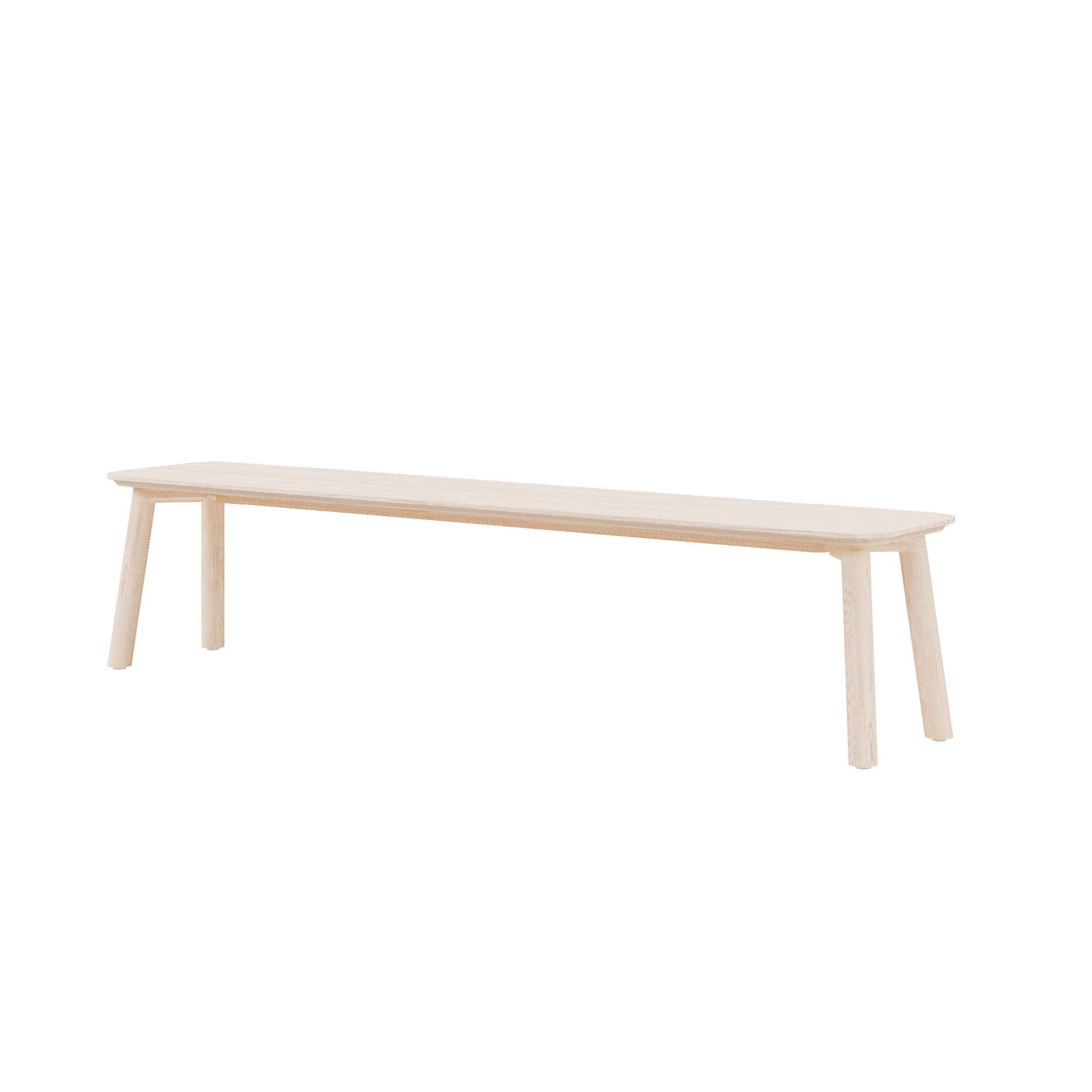 The Meyer 23 Bench by Objekte unserer Tage is a minimalist wooden bench crafted from sustainably sourced solid wood, featuring four slightly angled legs and a smooth, light-colored rectangular seat on a white background.