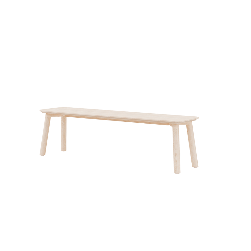 Introducing the Meyer 23 Bench by Objekte unserer Tage: a minimalist, sustainably crafted piece of solid wood. Its flat rectangular seat and four angled legs offer a blend of functionality and style, perfect for both modern and traditional interiors.