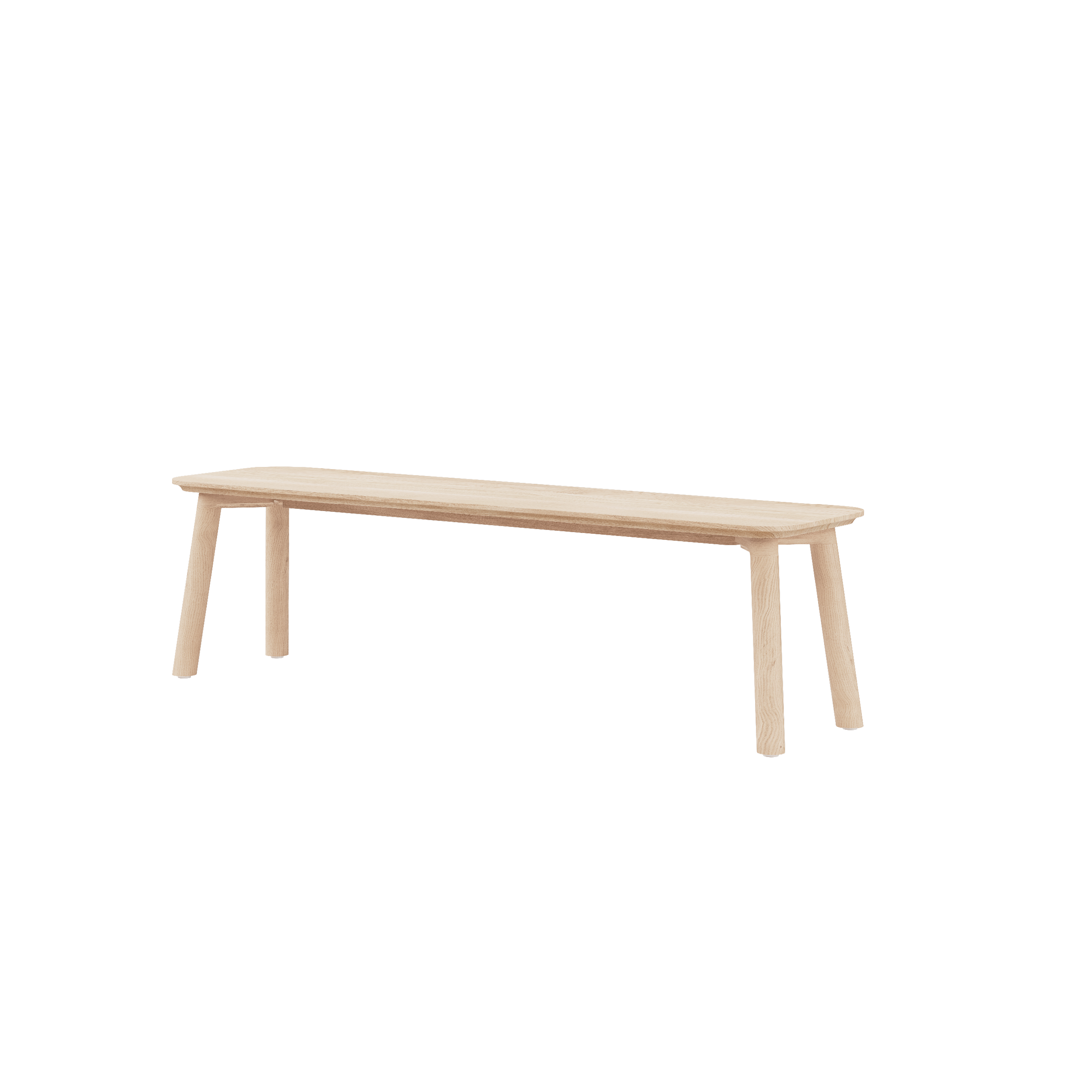 The Meyer 23 Bench by Objekte unserer Tage features a minimalist design with slightly angled legs, a flat rectangular seat, and a light natural finish. Crafted from solid wood without a backrest, it embodies elegance while supporting sustainable forestry.
