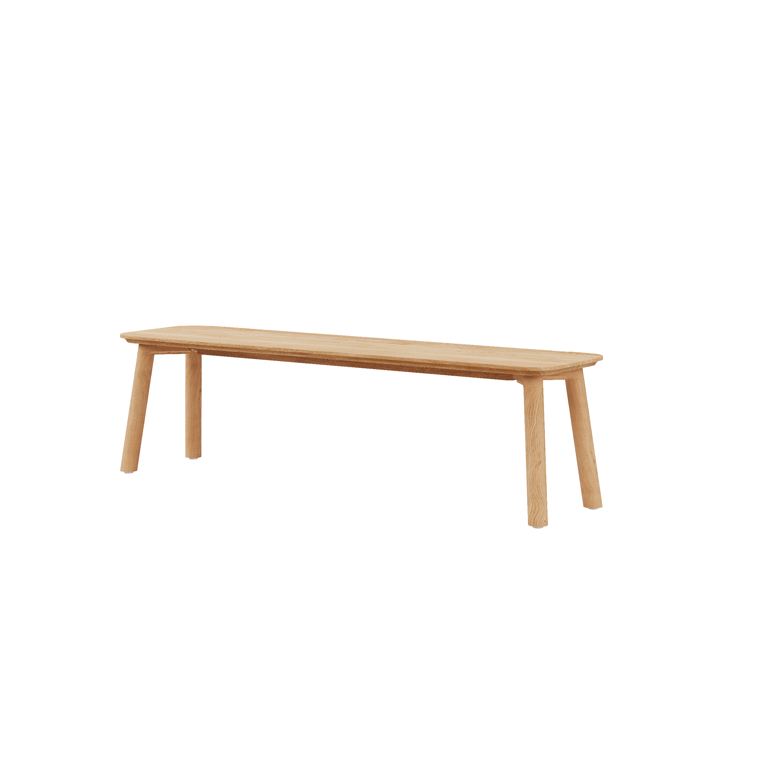 The Meyer 23 Bench by Objekte unserer Tage features a minimalist design with four cylindrical legs and a smooth rectangular solid wood seat from sustainable sources, finished in light color to enhance its natural aesthetic against a plain white backdrop.