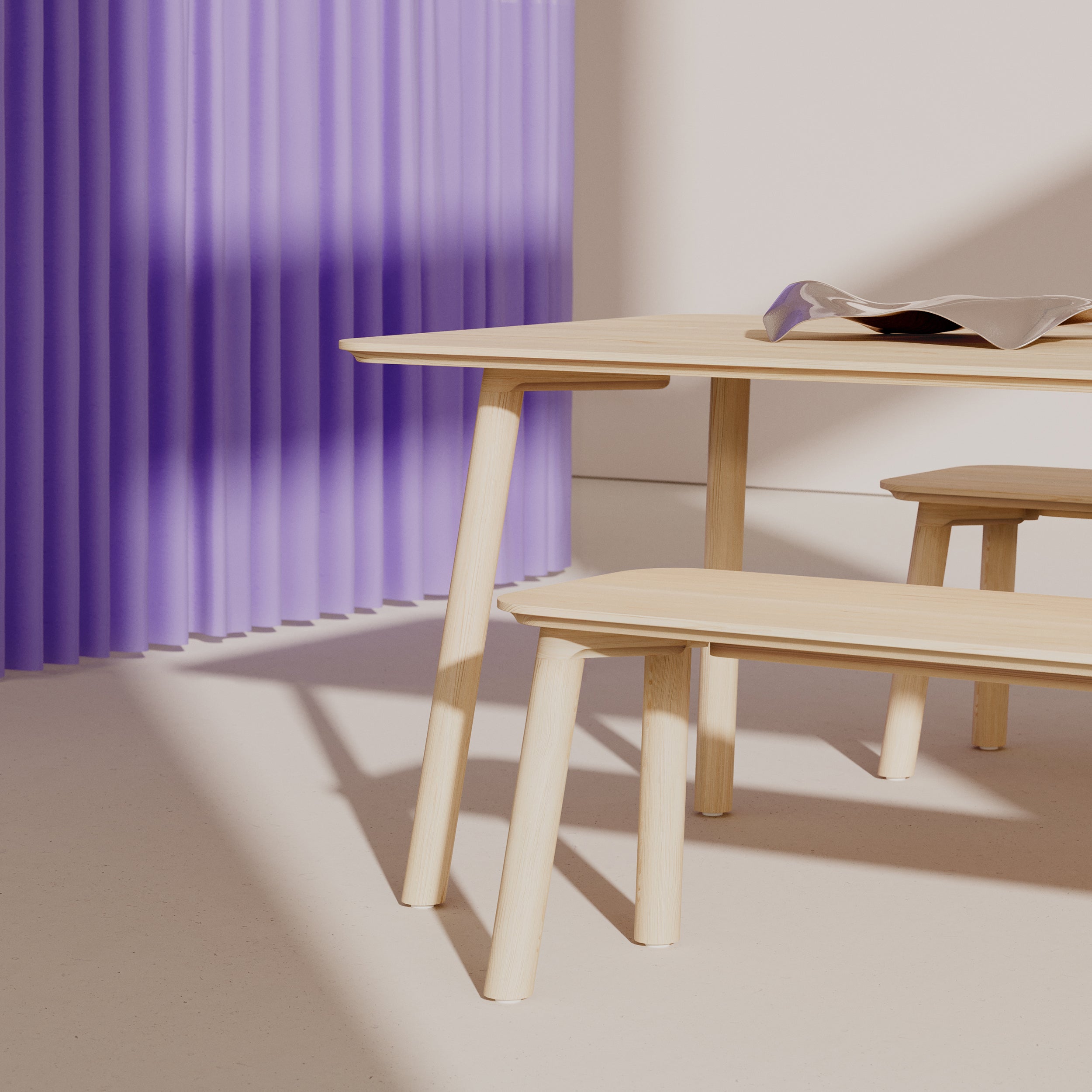 A minimalist room with a solid wood table and bench set on a beige floor features a crumpled white cloth on the Objekte unserer Tage Meyer 23 Table. A purple curtain adds color to the neutral space, with all items crafted sustainably.