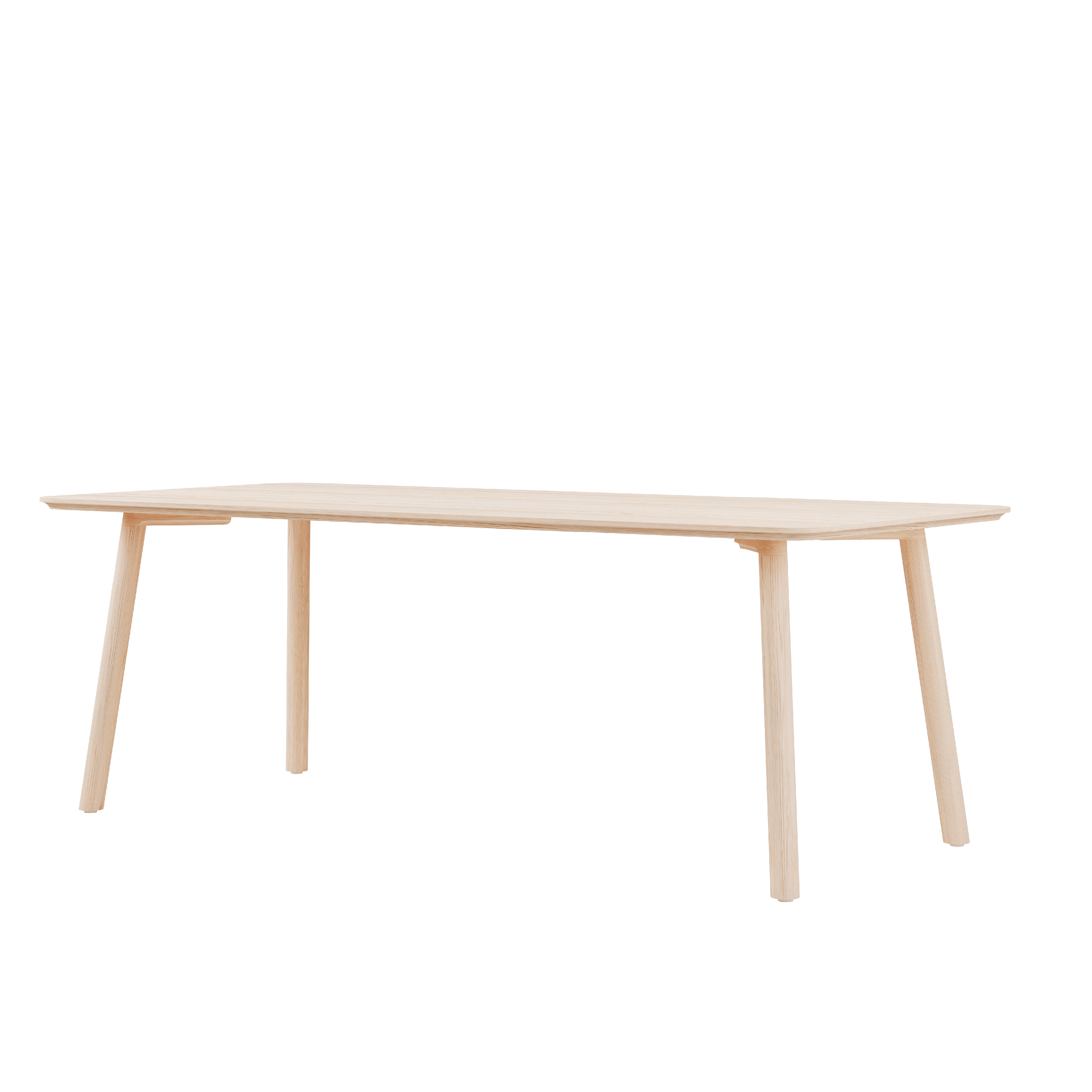 The MEYER 23 Table by Objekte unserer Tage is a minimalist piece with a solid wood, rectangular top and angled legs. Its light wood texture created through sustainable production provides a modern, simple look against a white background.