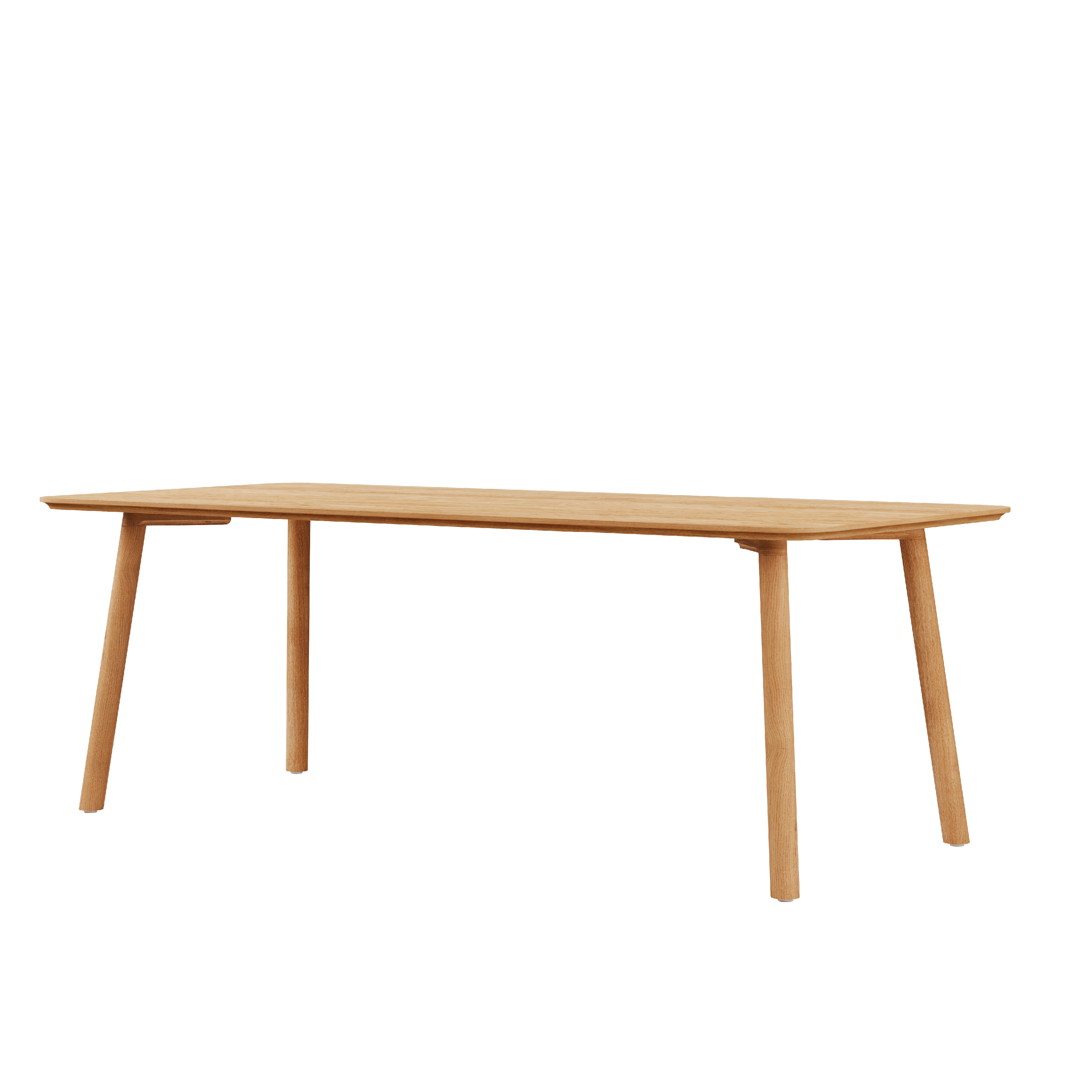 The Meyer 23 Table by Objekte unserer Tage is crafted from solid wood in a minimalist design, featuring a rectangular top and outward-angled tapered legs. Sustainably produced, its finish beautifully highlights the natural wood grain against a plain white background.