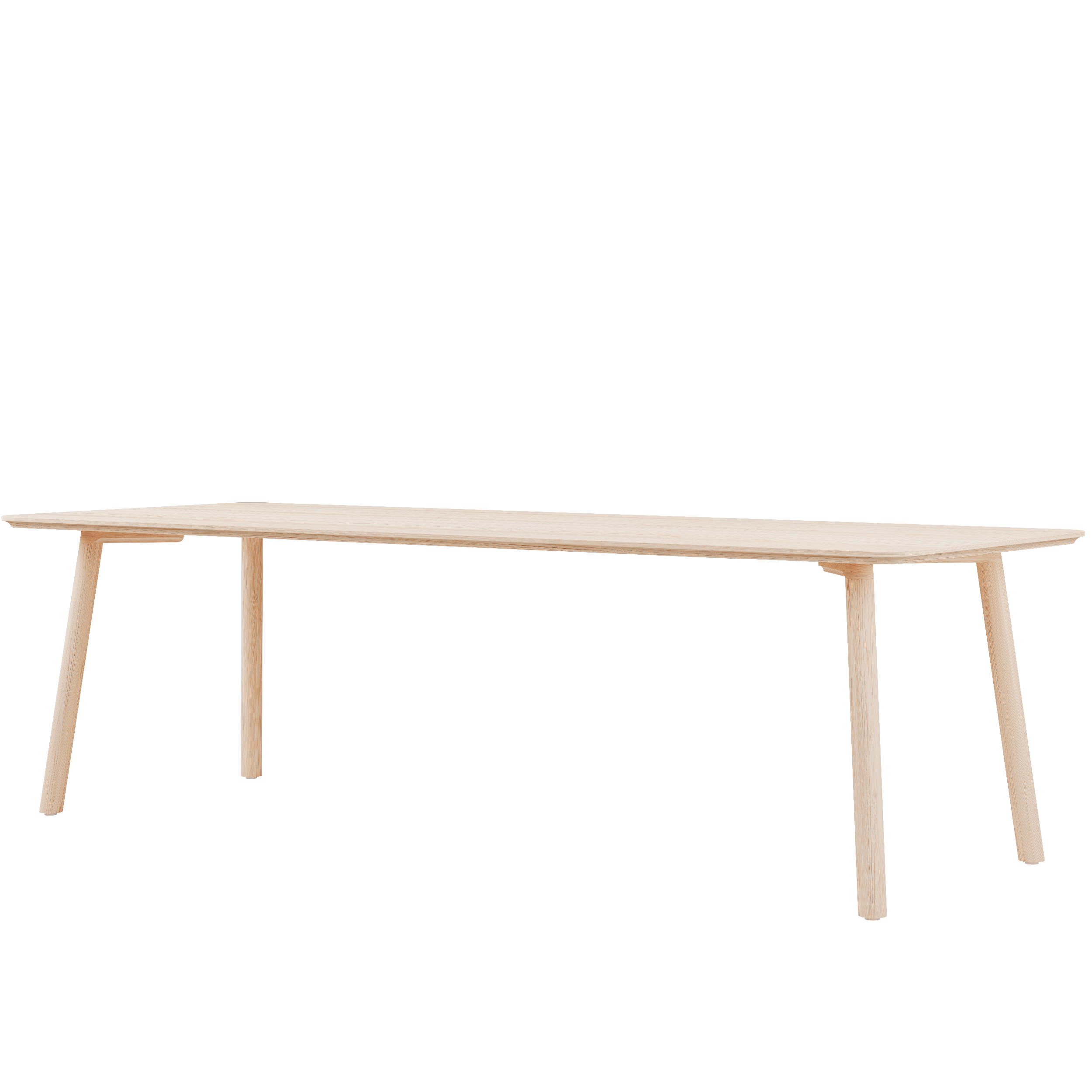 The Meyer 23 Table by Objekte unserer Tage is a minimalist solid wood dining table with a light finish. It features a rectangular top and angled legs, combining clean modern design with functionality. Sustainably produced, its ideal for eco-conscious living spaces.