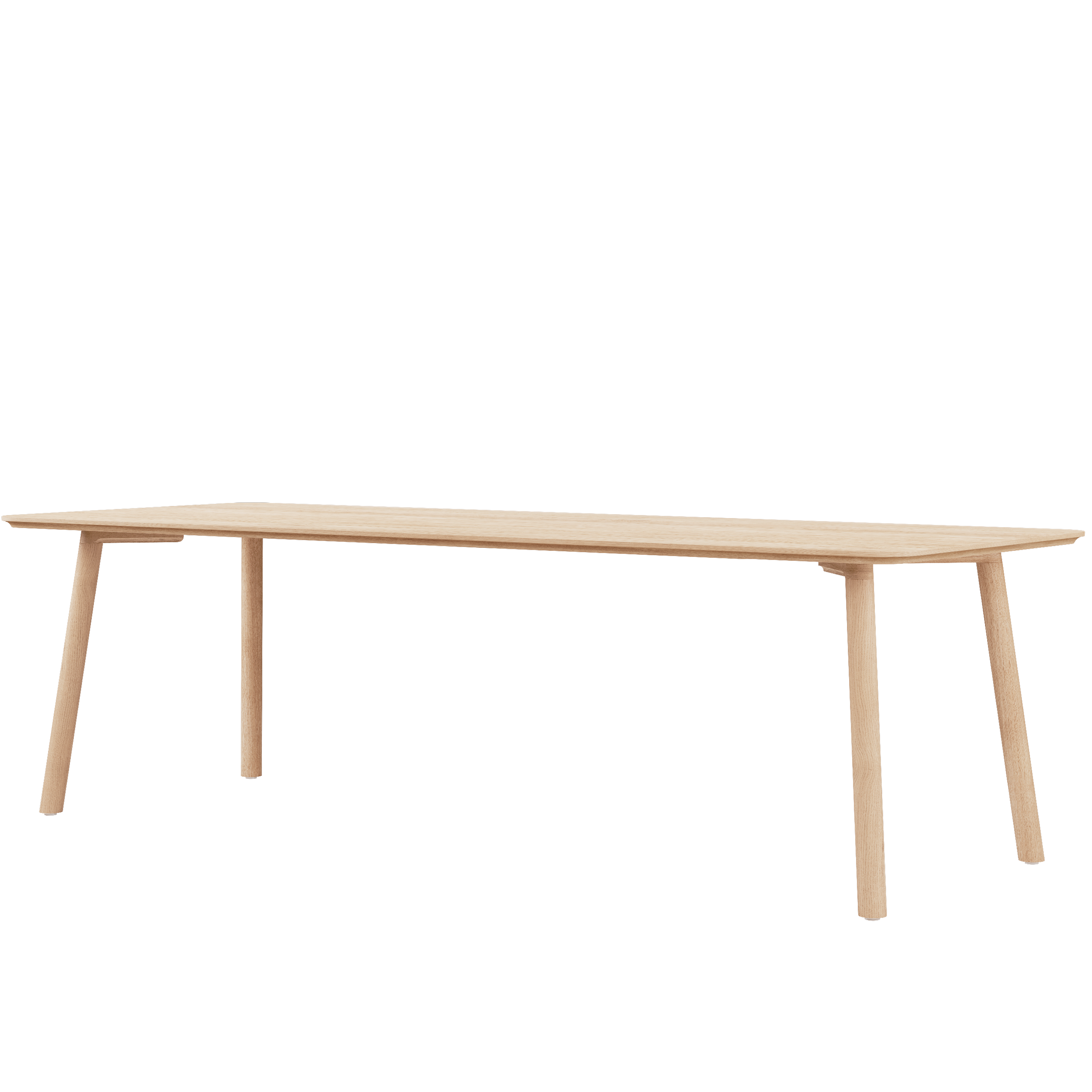 The Meyer 23 Table by Objekte unserer Tage is a minimalist piece crafted from solid wood with a light natural finish. It features a rectangular top and four slightly angled legs, embodying the sleek Berlin design aesthetic, and is made using sustainable forestry practices.