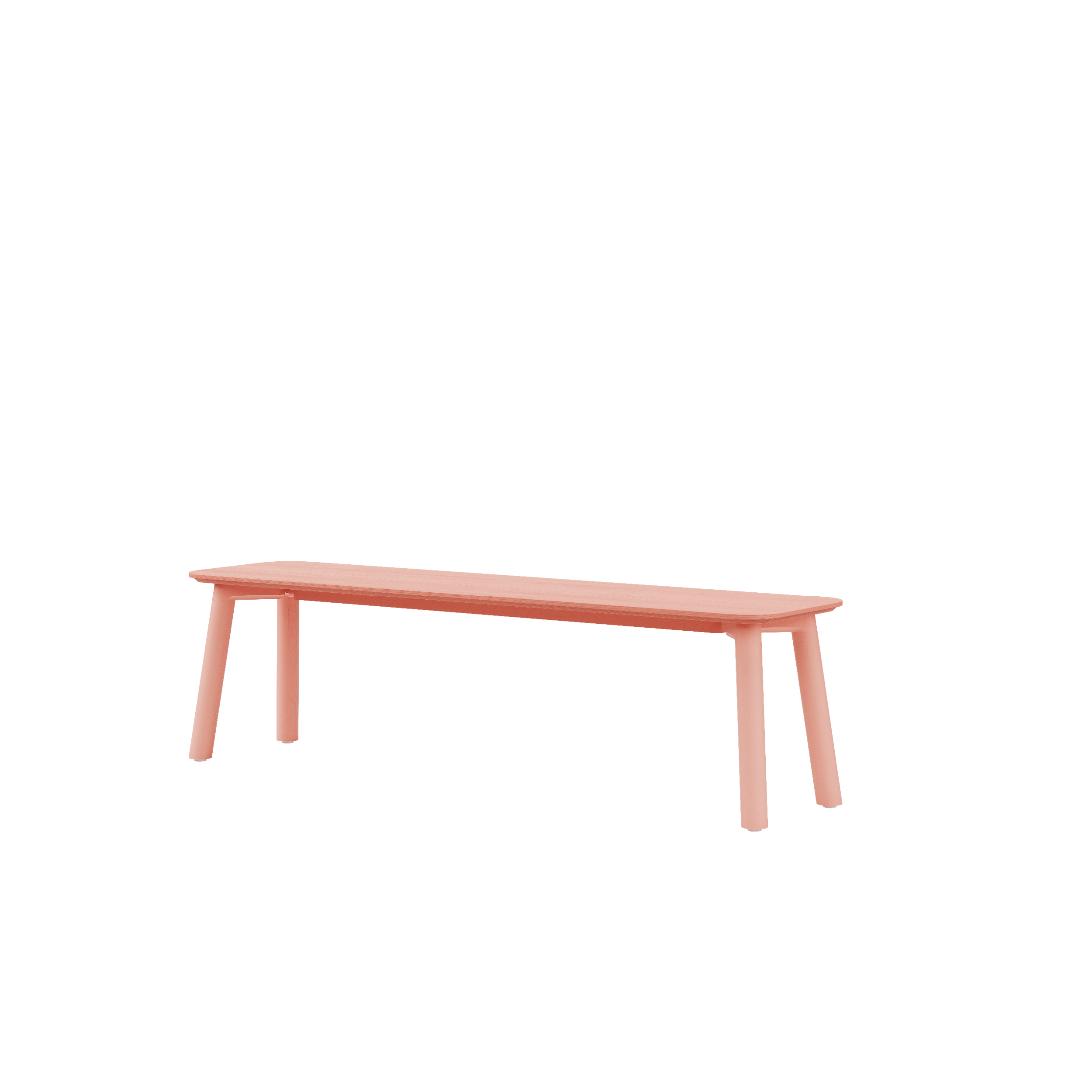 The Meyer Color Bench by Objekte unserer Tage is a minimalist piece featuring four angled birch multiplex legs in light pink, set against a crisp white backdrop.