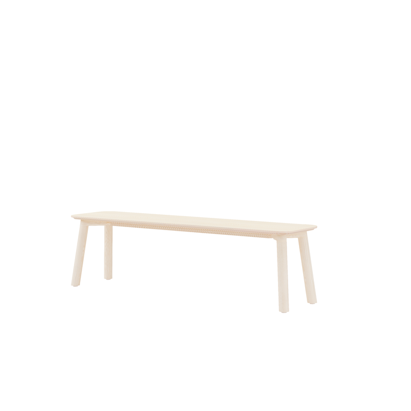 The Meyer Color Bench by Objekte unserer Tage is a minimalist wooden bench featuring a rectangular ash wood veneer seat and four straight legs, presented elegantly on a plain white background.