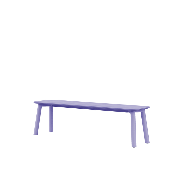 The Meyer Color Bench by Objekte unserer Tage showcases a minimalist design with a lavender hue, crafted from premium birch multiplex. Its four legs and smooth surface offer a sleek contrast against a plain white background.