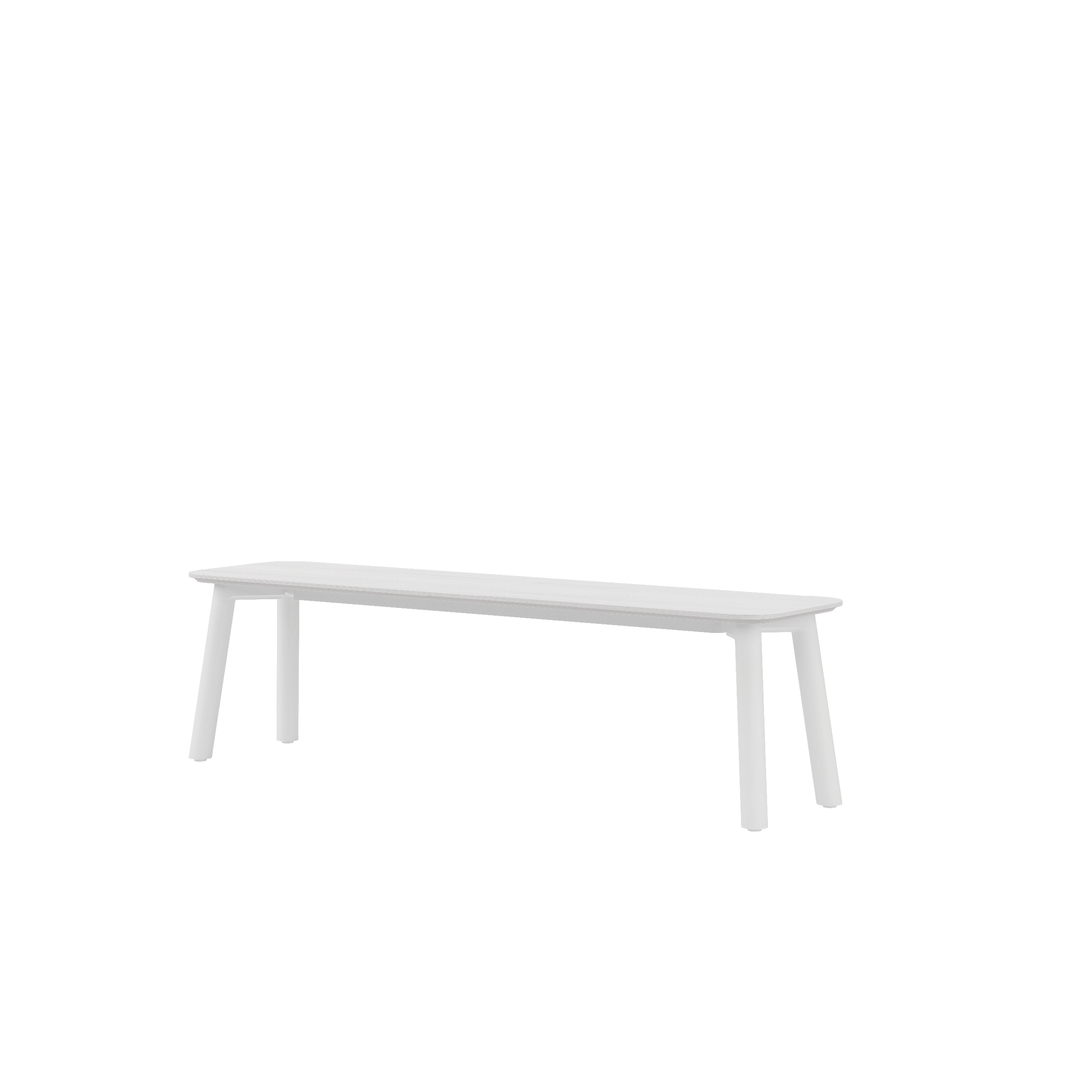 The Meyer Color Bench by Objekte unserer Tage is a minimalist, light gray bench featuring a smooth ash wood veneer seat with clean lines that gently taper towards the base of its four legs, blending simplicity with elegance.