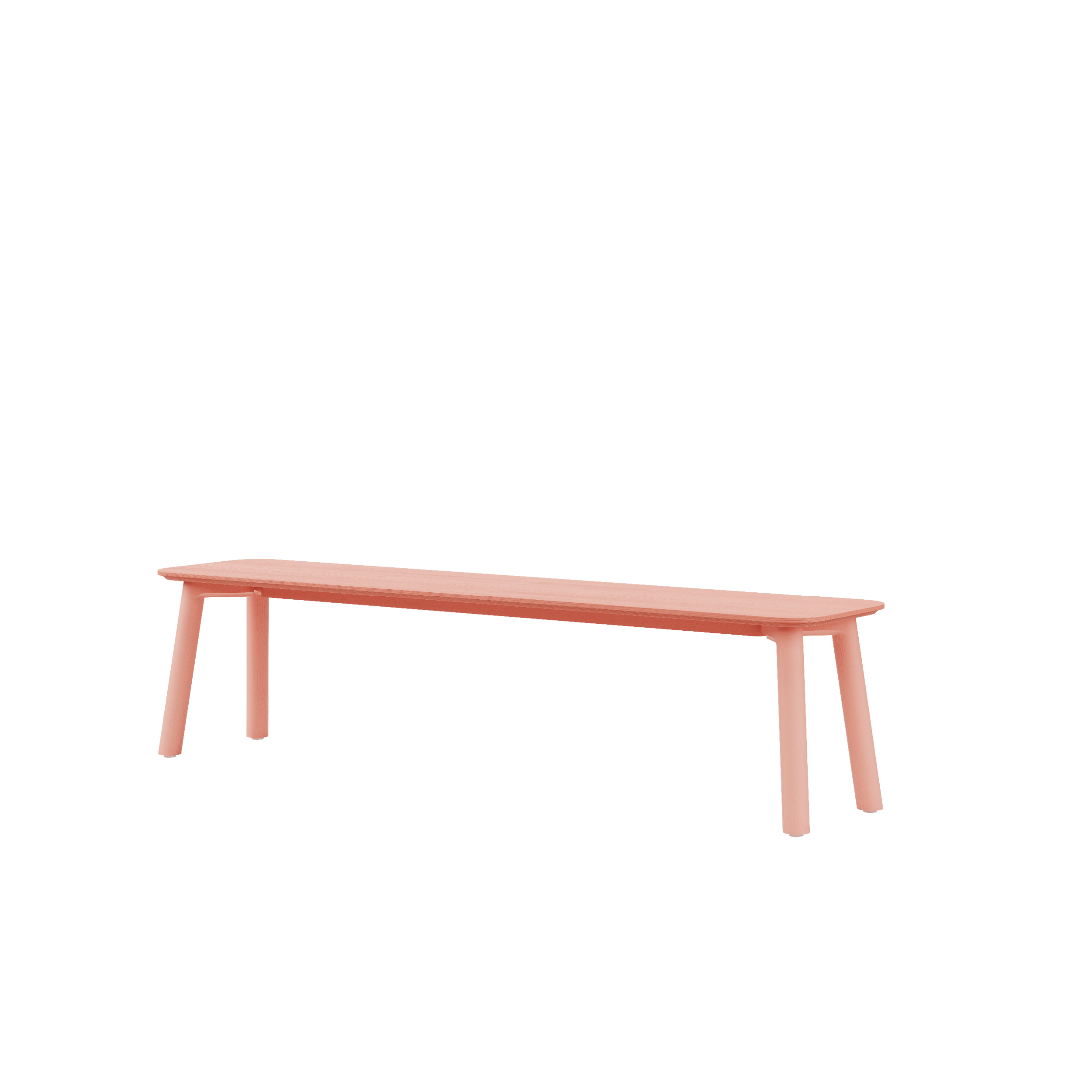 The Meyer Color Bench from Objekte unserer Tage is a minimalist piece with a pink birch multiplex seat, ash wood veneer, and four slightly angled legs, offering a modern contrast against a white background.