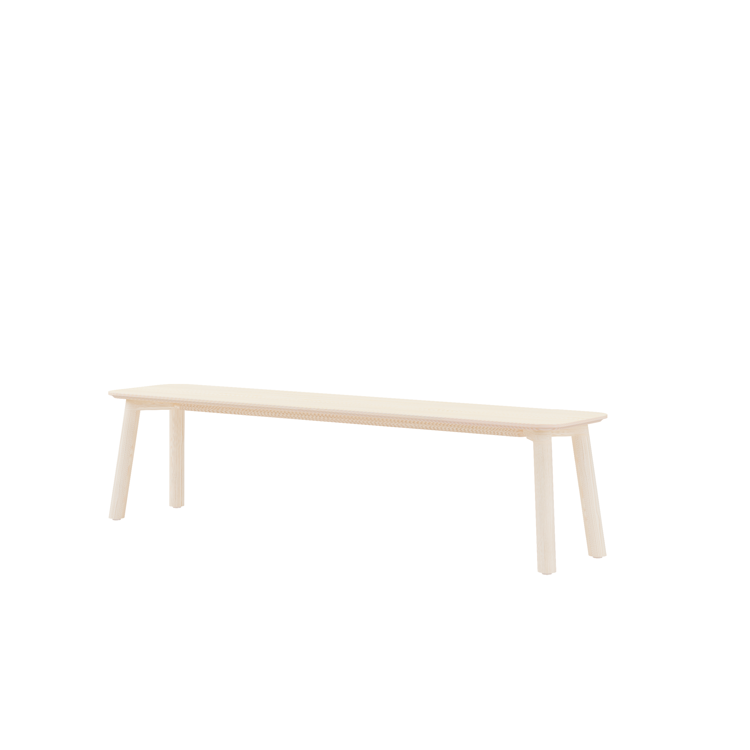 The Meyer Color Bench by Objekte unserer Tage is a minimalist design crafted from birch multiplex with a light, natural finish, featuring a flat, elongated seat set on four straight legs against a plain white background.
