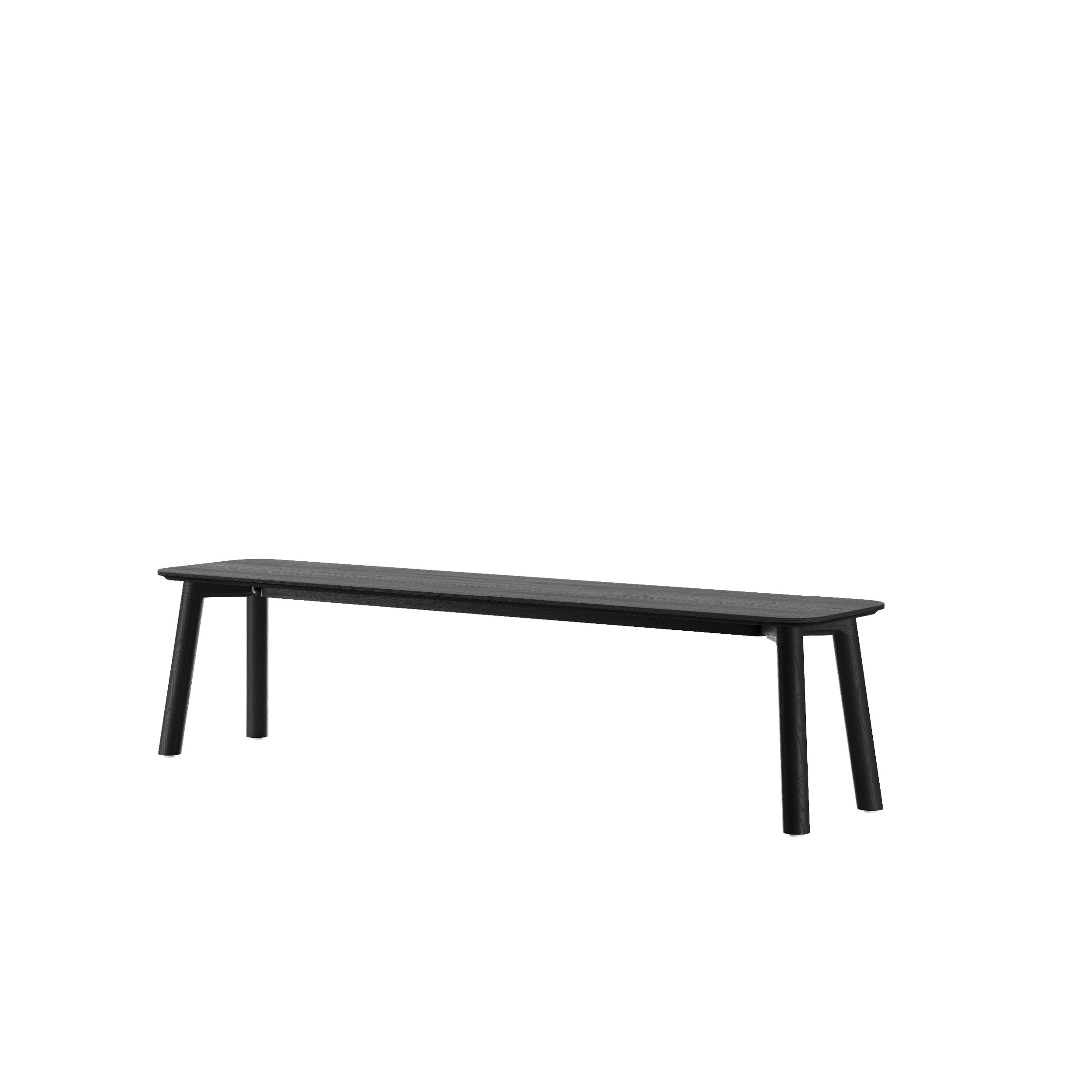 The MEYER Color Bench by Objekte unserer Tage is a sleek minimalist black bench with a flat top and slightly angled legs, made from birch multiplex with an ash wood veneer finish, designed to enhance any space with its modern elegance. Its set against a plain white background.