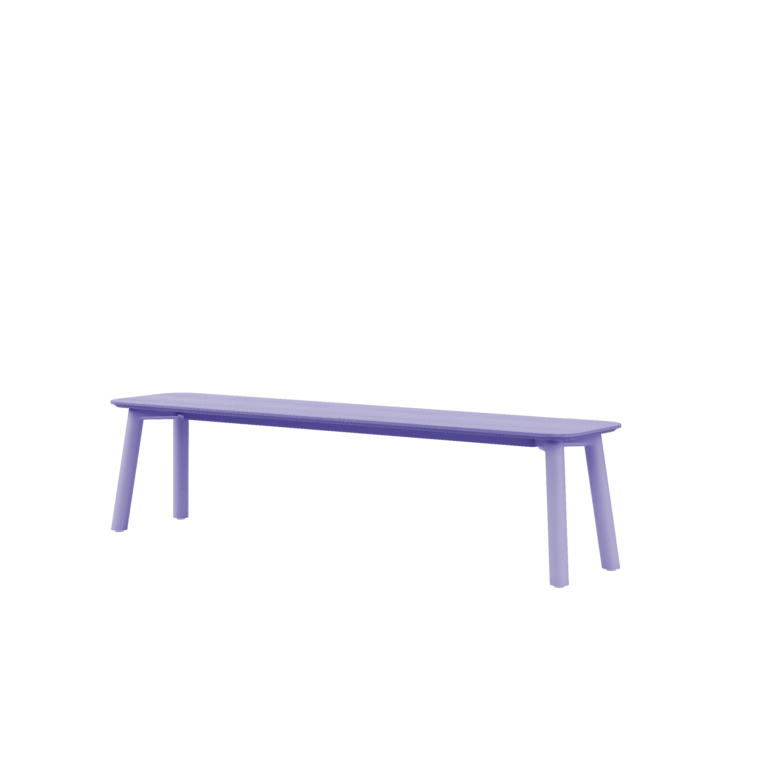 The Meyer Color Bench by Objekte unserer Tage is a sleek, minimalist piece in solid lavender, crafted from birch multiplex. It features a flat rectangular seat with four angled legs and stands out vibrantly against a white background.