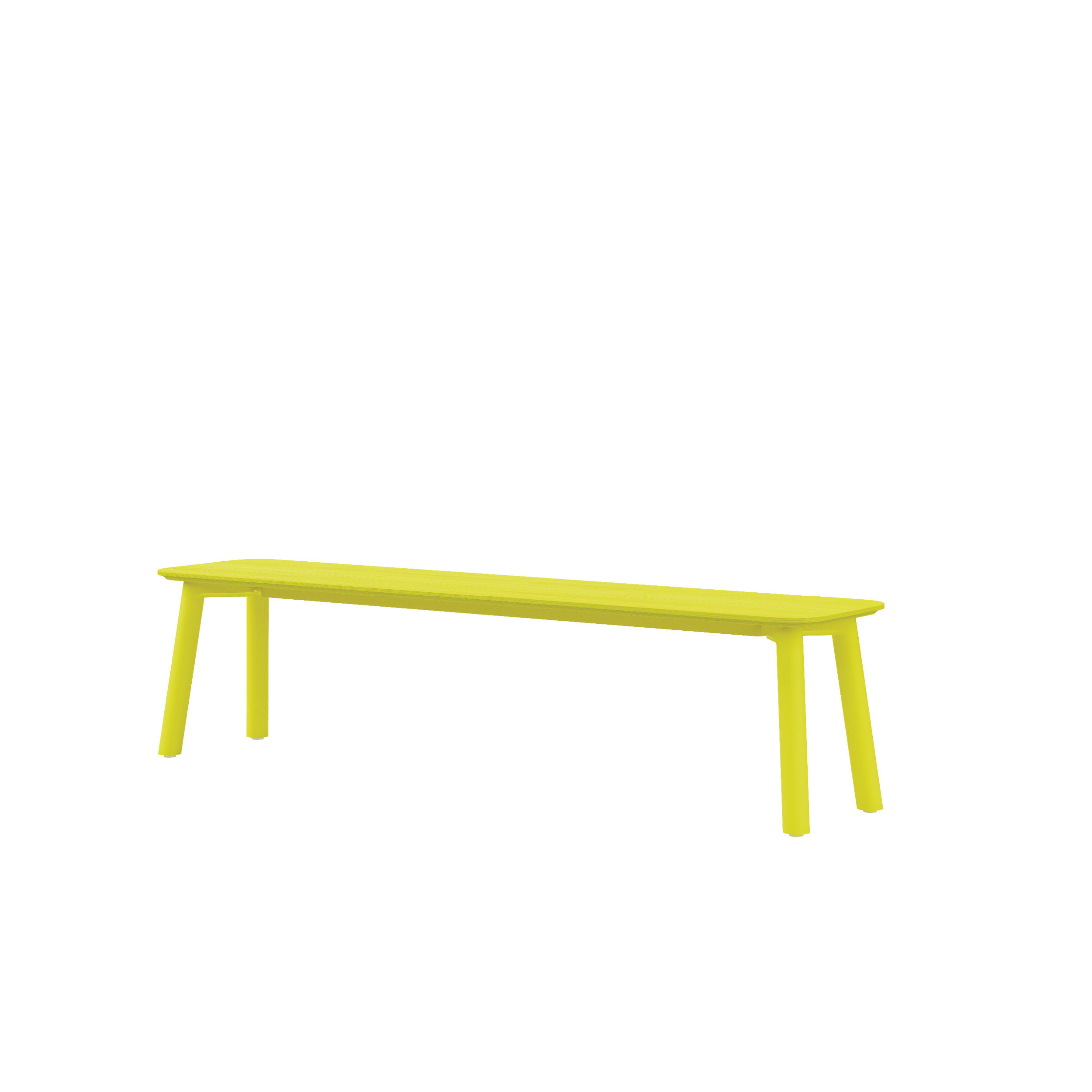 The Meyer Color Bench by Objekte unserer Tage is a yellow, minimalist piece crafted with birch multiplex and an ash veneer. It features four legs and stands against a plain white background, showcasing simplicity and elegance.