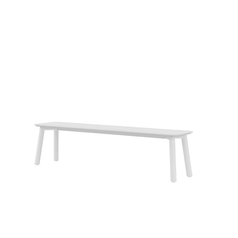 Meet the Meyer Color Bench by Objekte unserer Tage: a modern white bench crafted from birch multiplex with an ash veneer, featuring a sleek rectangular seat and four straight legs against a minimalist backdrop.