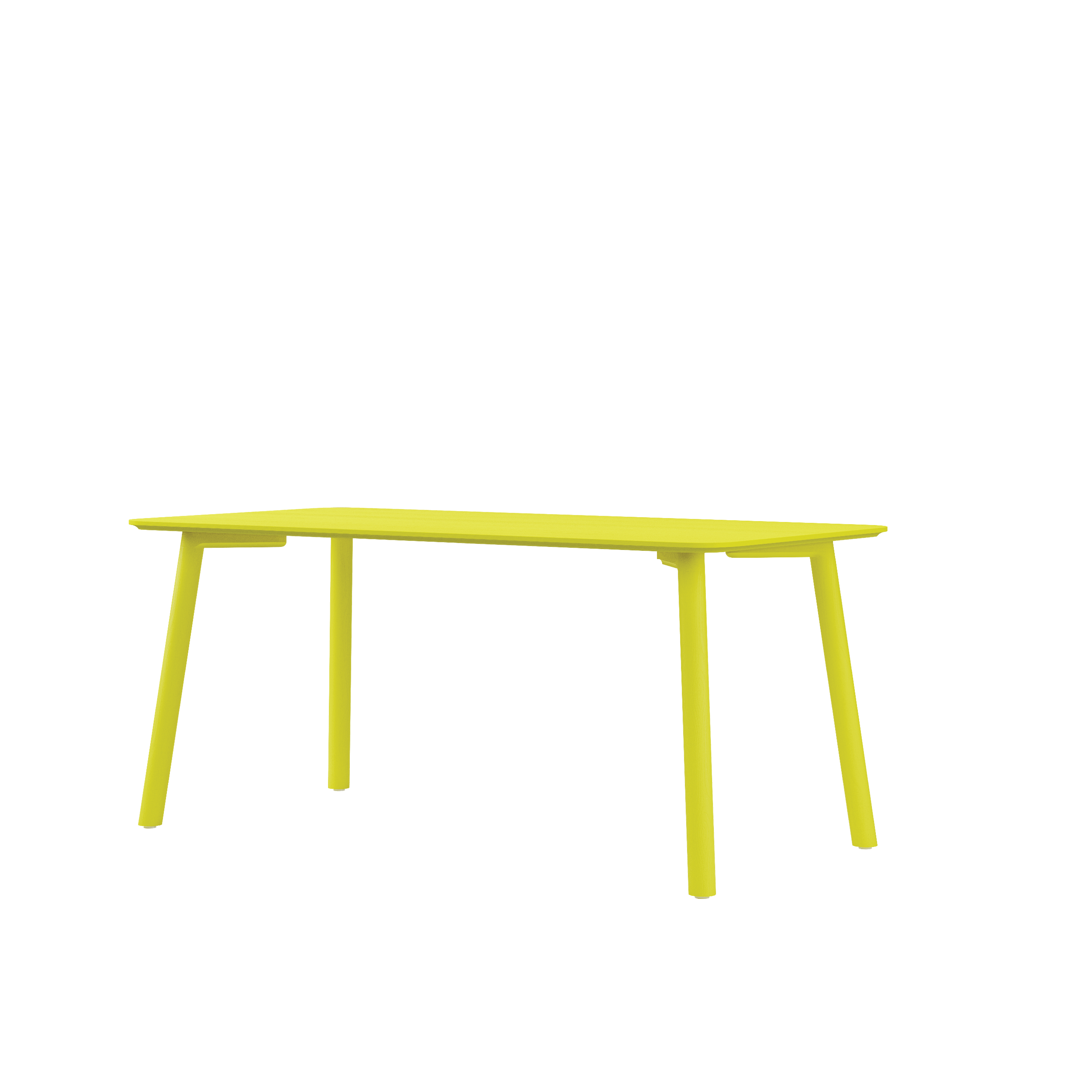 The Meyer Color Table by Objekte unserer Tage is a minimalist design featuring a sleek ash wood veneer tabletop in yellow, with four subtly angled legs, elegantly set against a plain white background.