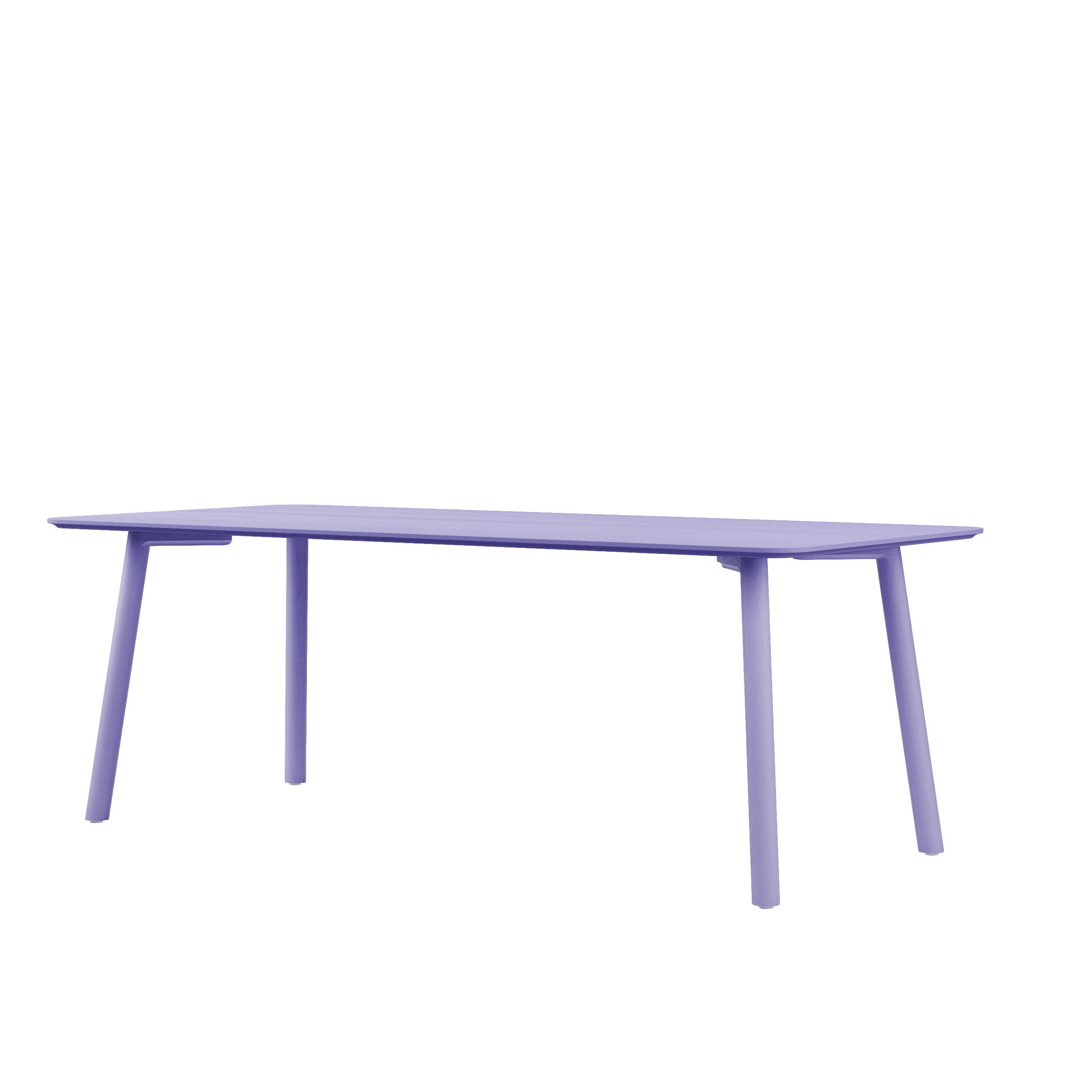 The Meyer Color Table by Objekte unserer Tage is a minimalist piece featuring a purple finish, four angled legs, and crafted from ash wood veneer, set against a plain white background.