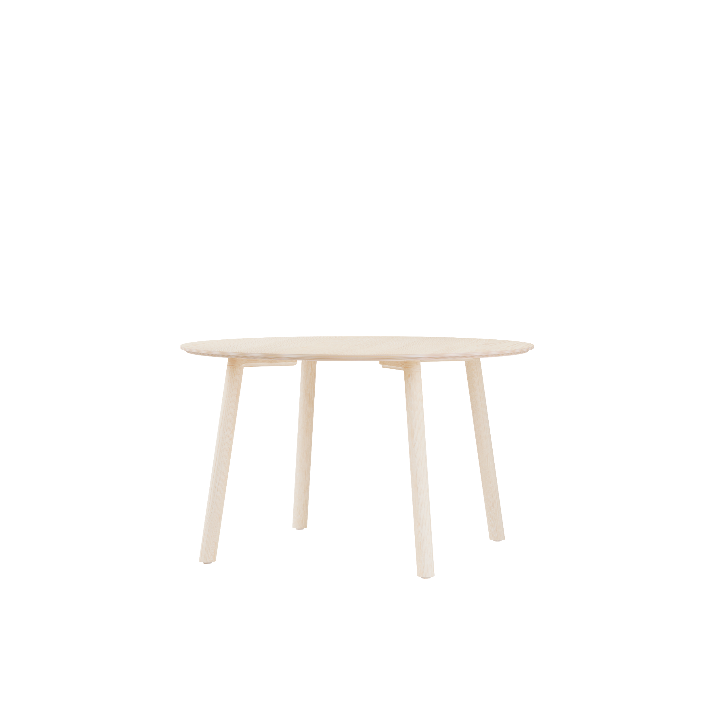 The Meyer Color Table by Objekte unserer Tage is a minimalist, round dining table made from light ash wood veneer, featuring four tapered legs set against a plain white background.