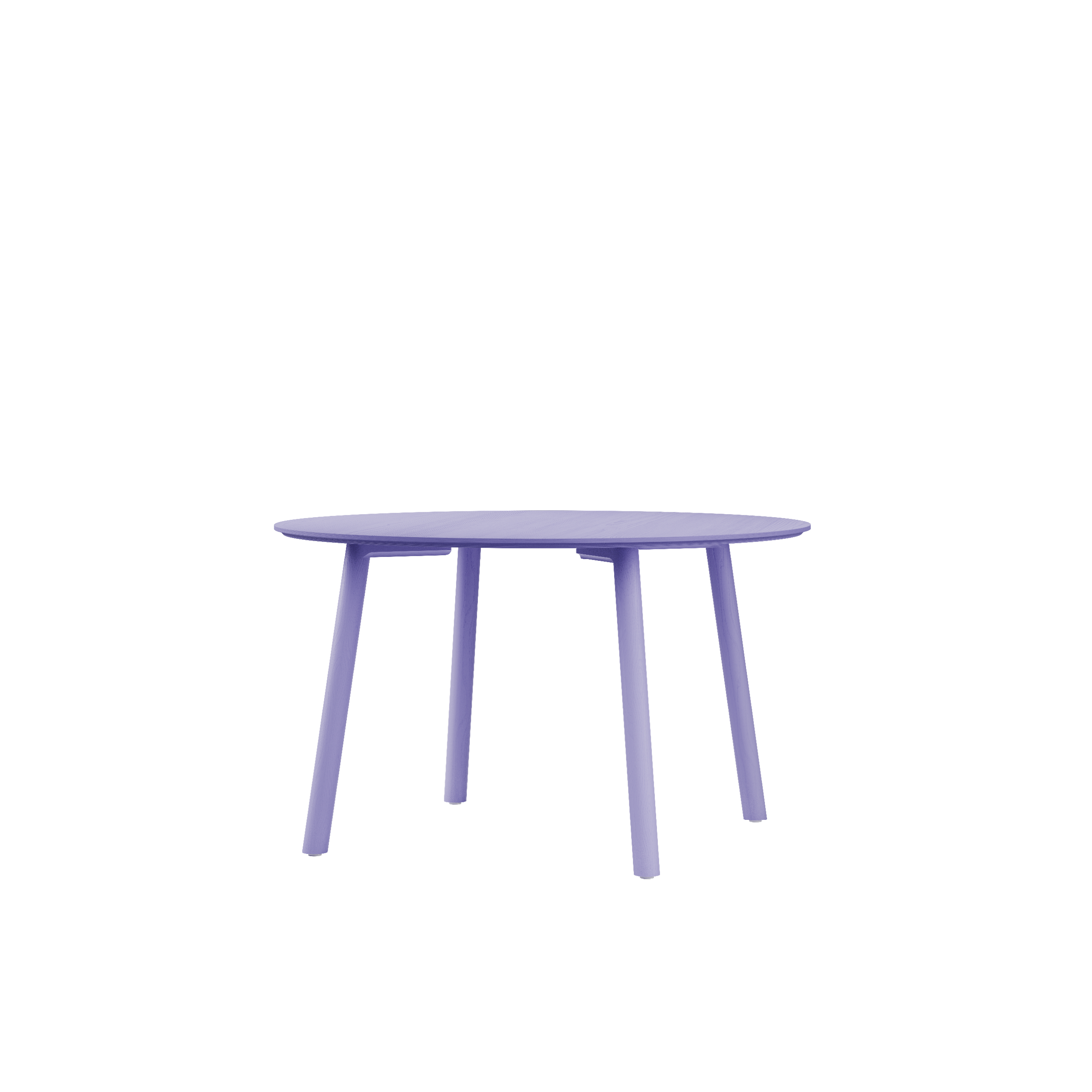 The Meyer Color Table by Objekte unserer Tage is a simple, round purple dining table with four legs, crafted with an ash wood veneer, set against a plain white background.