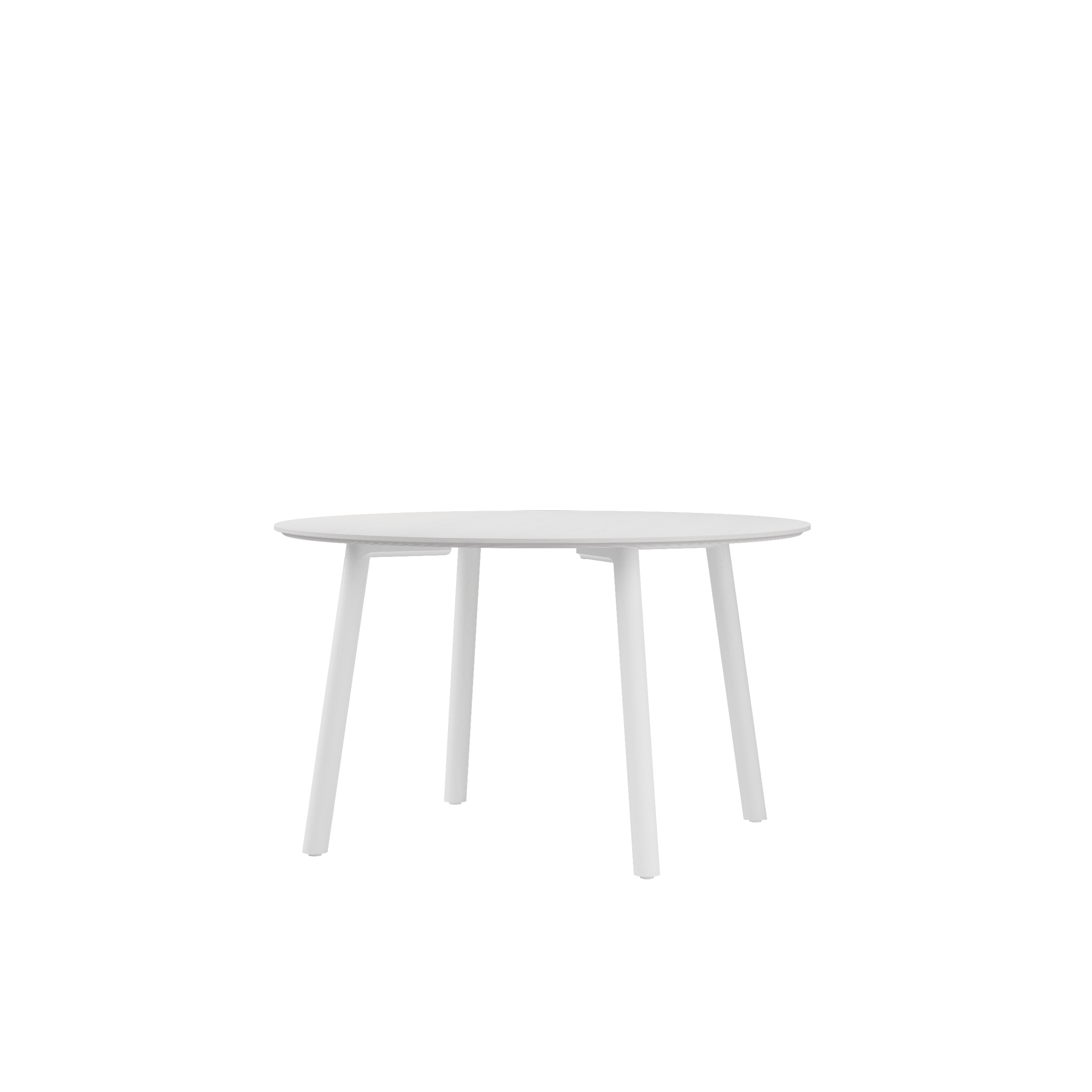 The white, round Meyer Color Table from Objekte unserer Tage features four straight legs and an ash wood veneer. Its minimalist modern design is perfect for any space, aligning seamlessly with a sleek style against a plain white background.