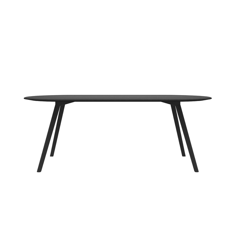 The Meyer Table by Objekte unserer Tage is a sleek, black oval table crafted from solid oak with slender, angled legs. Its minimalist design offers a modern aesthetic against a white backdrop.
