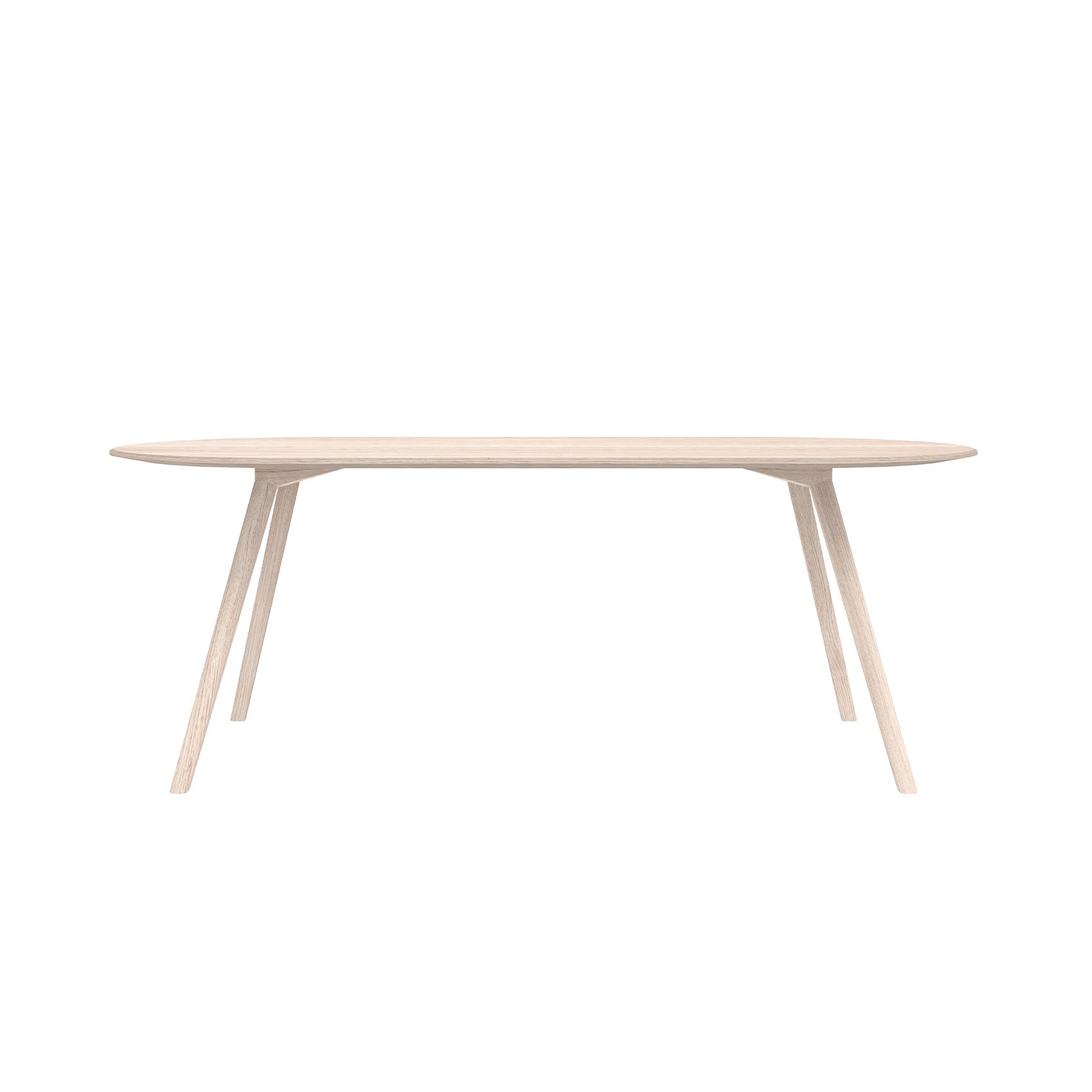 Introducing the Meyer Table by Objekte unserer Tage: a minimalist design with an oval solid ash top and elegantly slanted legs. Its light finish adds serene elegance, enhancing any space against a plain white background.