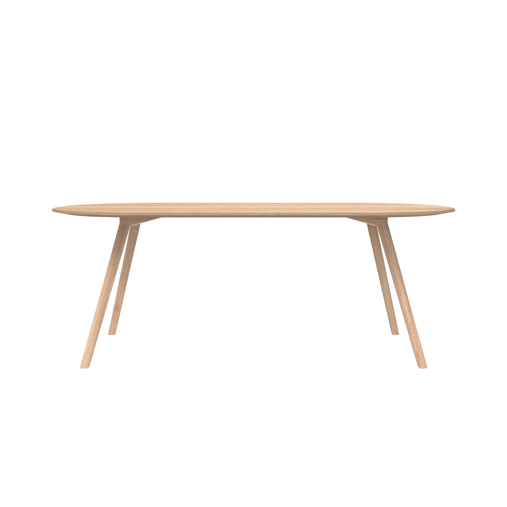 The Meyer Table from Objekte unserer Tage showcases a minimalist design, featuring an elongated oval solid ash top and four angled legs, standing elegantly against a plain white background.