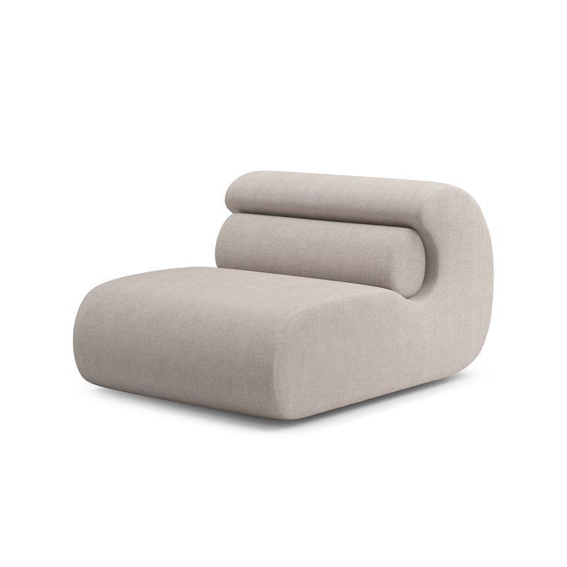 The Ola Sofa by Objekte unserer Tage is a modern, minimalist beige lounge chair that offers ultimate comfort with its memory foam. It features a low, wide seat and curved backrest for a sleek look, and the soft fabric boasts a subtle texture.