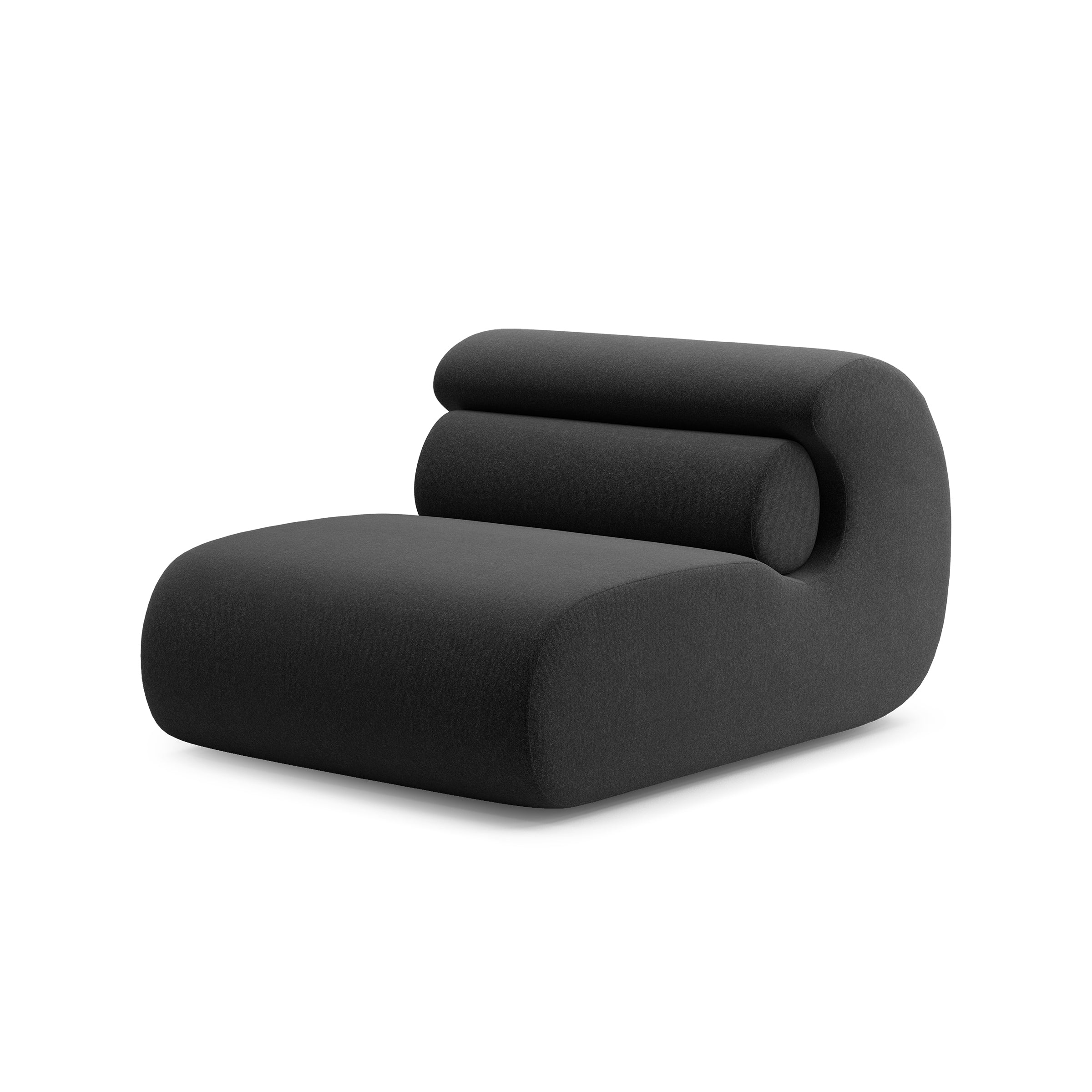 The Ola Sofa by Objekte unserer Tage is a minimalist piece with a black, curved design echoing Mediterranean Sea waves. It boasts a tubular backrest for a sleek look and its smooth, geometric shape offers the comfort and elegance of memory foam.