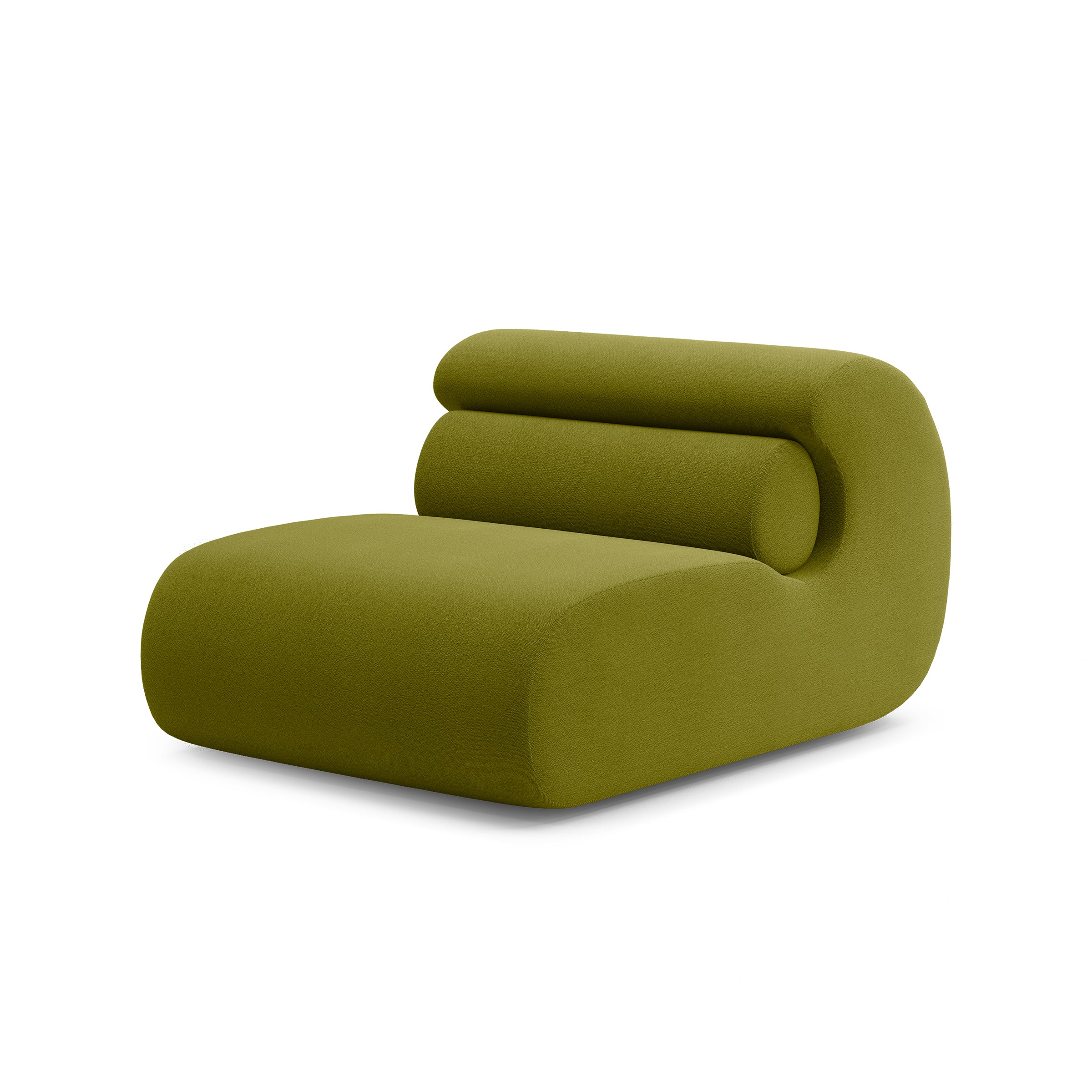 The Ola Sofa by Objekte unserer Tage features a modern olive green color, with a rounded low-profile design and plush cylindrical backrest. Its minimalist elegance reflects Mediterranean tranquility, while the luxurious memory foam adds to its contemporary comfort.