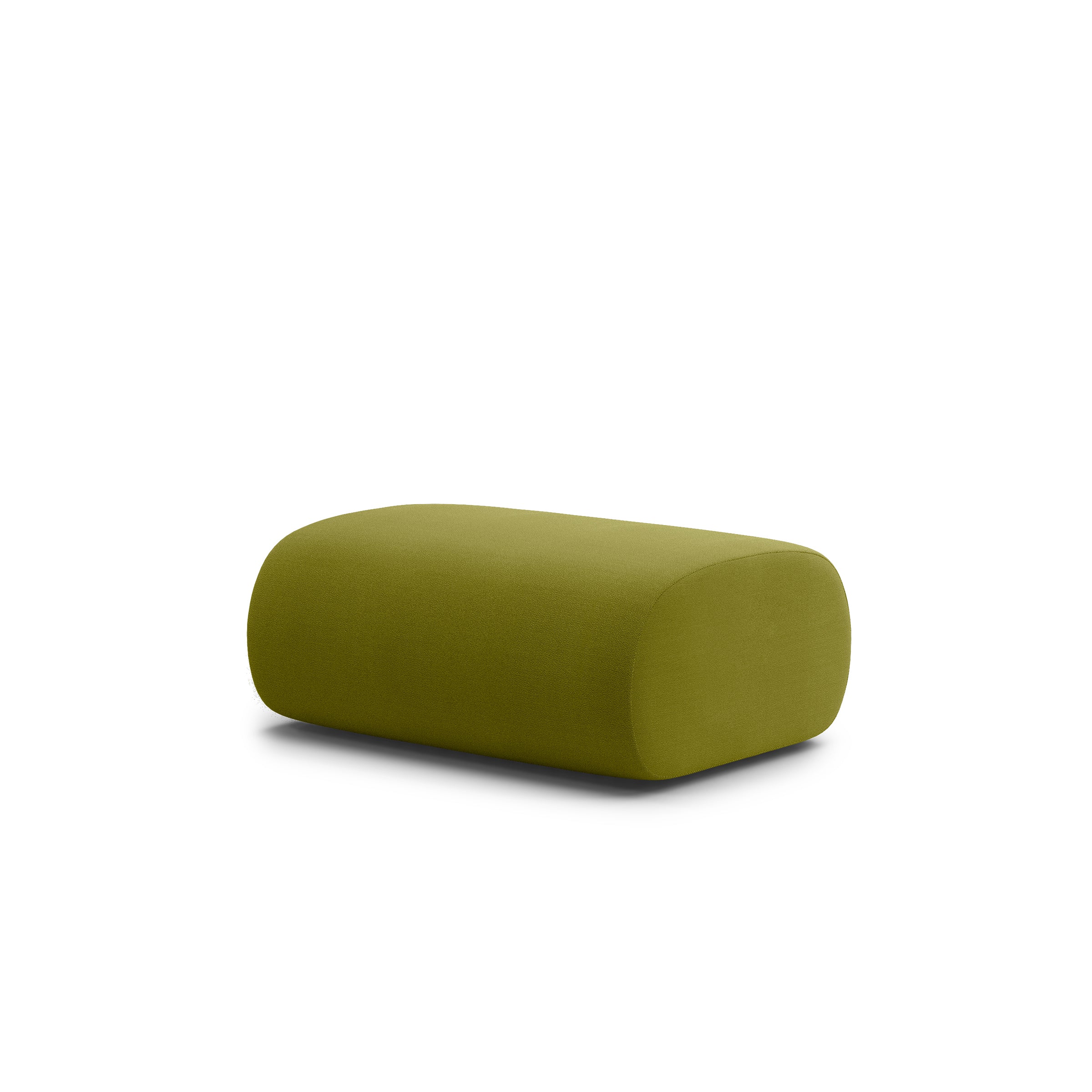 The Ola Pouf, part of Objekte unserer Tages collection, is a green rectangular ottoman with rounded edges. It features smooth upholstery and a minimalist design, highlighting a modern look and modular appeal, enhanced by plush memory foam for extra comfort.