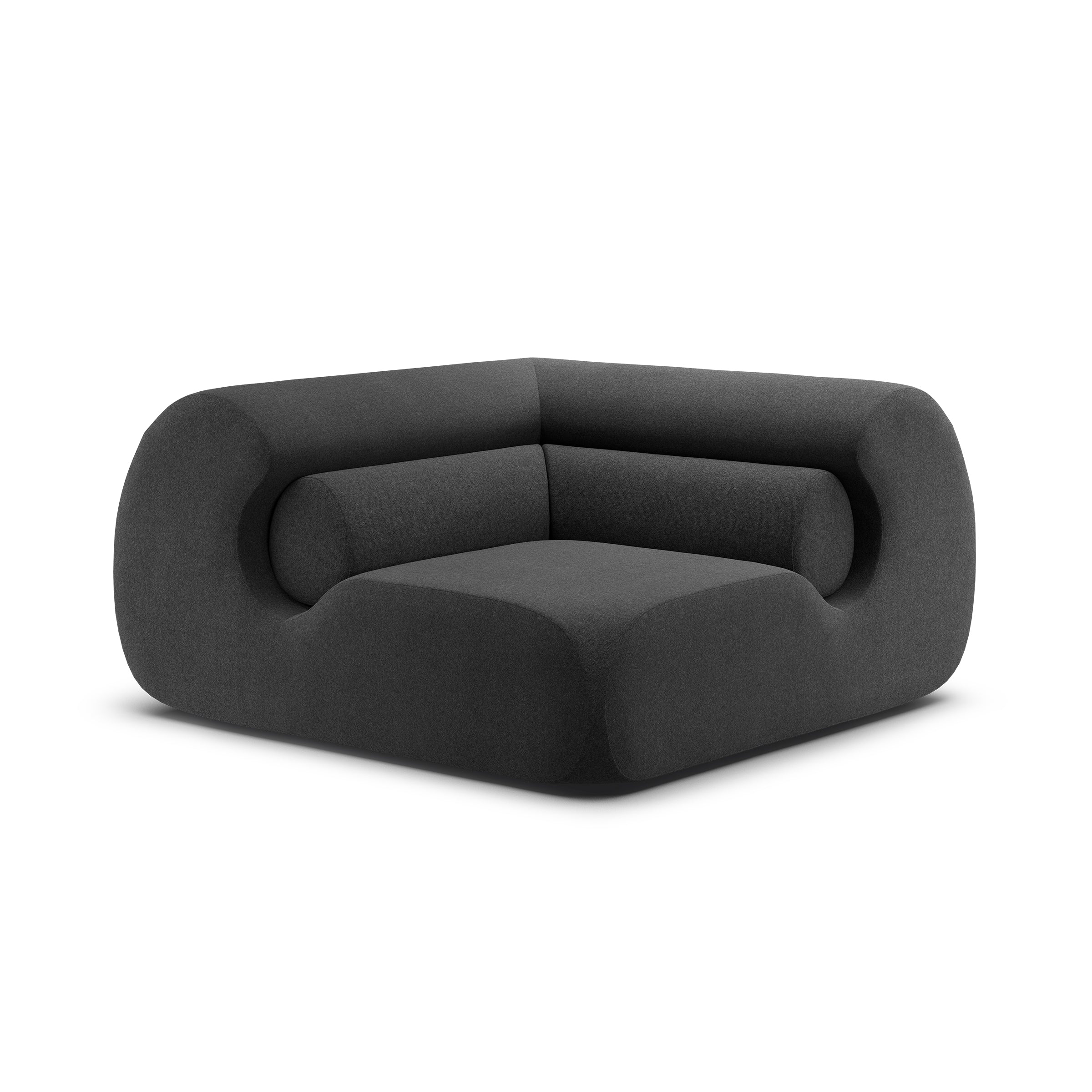 The Objekte unserer Tage Ola Sofa is a modern, dark gray corner piece featuring minimalist design and plush memory foam seating. Its rounded edges and integrated backrest stand out elegantly against a plain white background, showcasing its contemporary style.