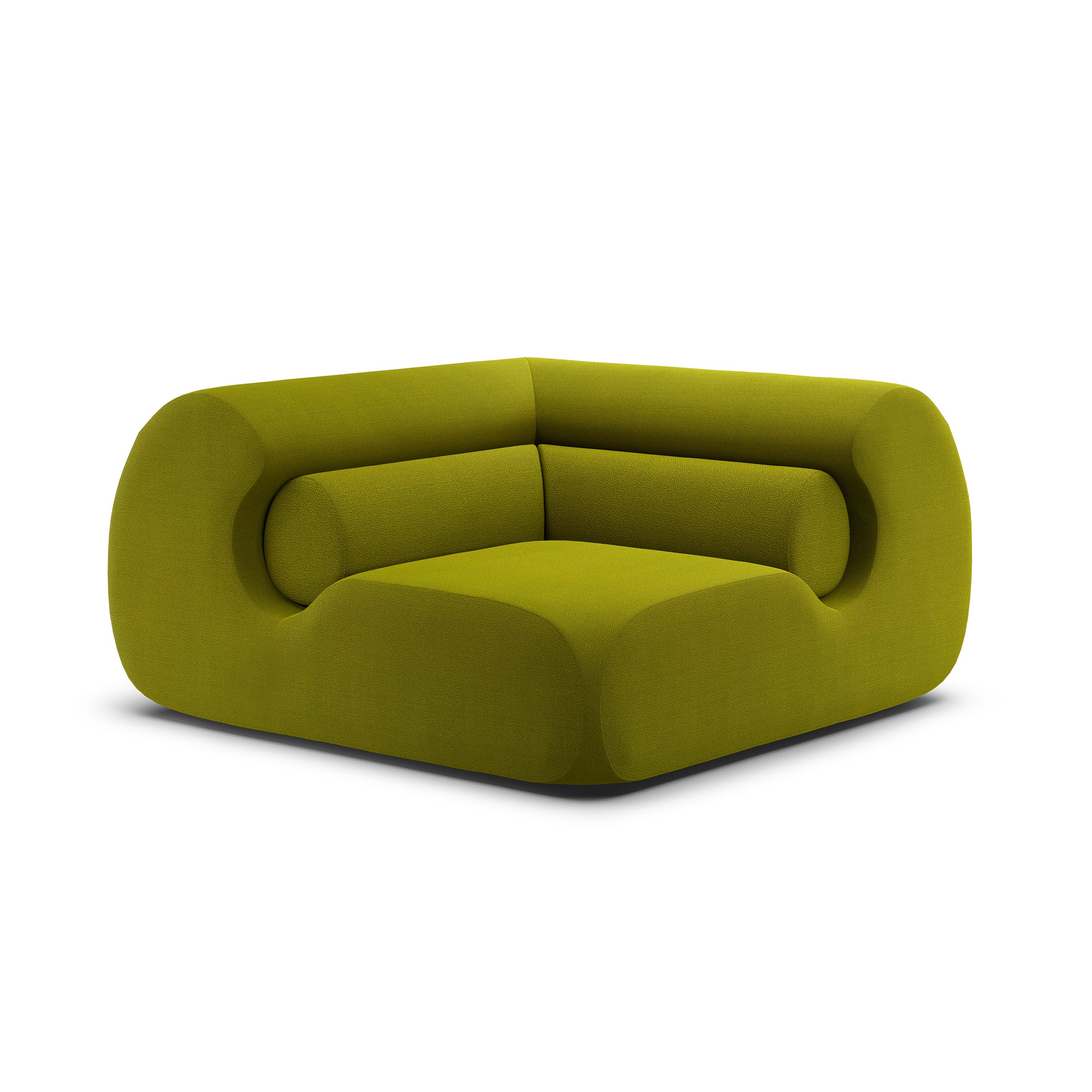 The Ola Sofa by Objekte unserer Tage is a modern, angular armchair with rounded edges and bright green fabric, reminiscent of the Mediterranean Sea. It features a unique, sculptural design with memory foam cushions, a low backrest, and integrated armrests for a contemporary and inviting appearance.