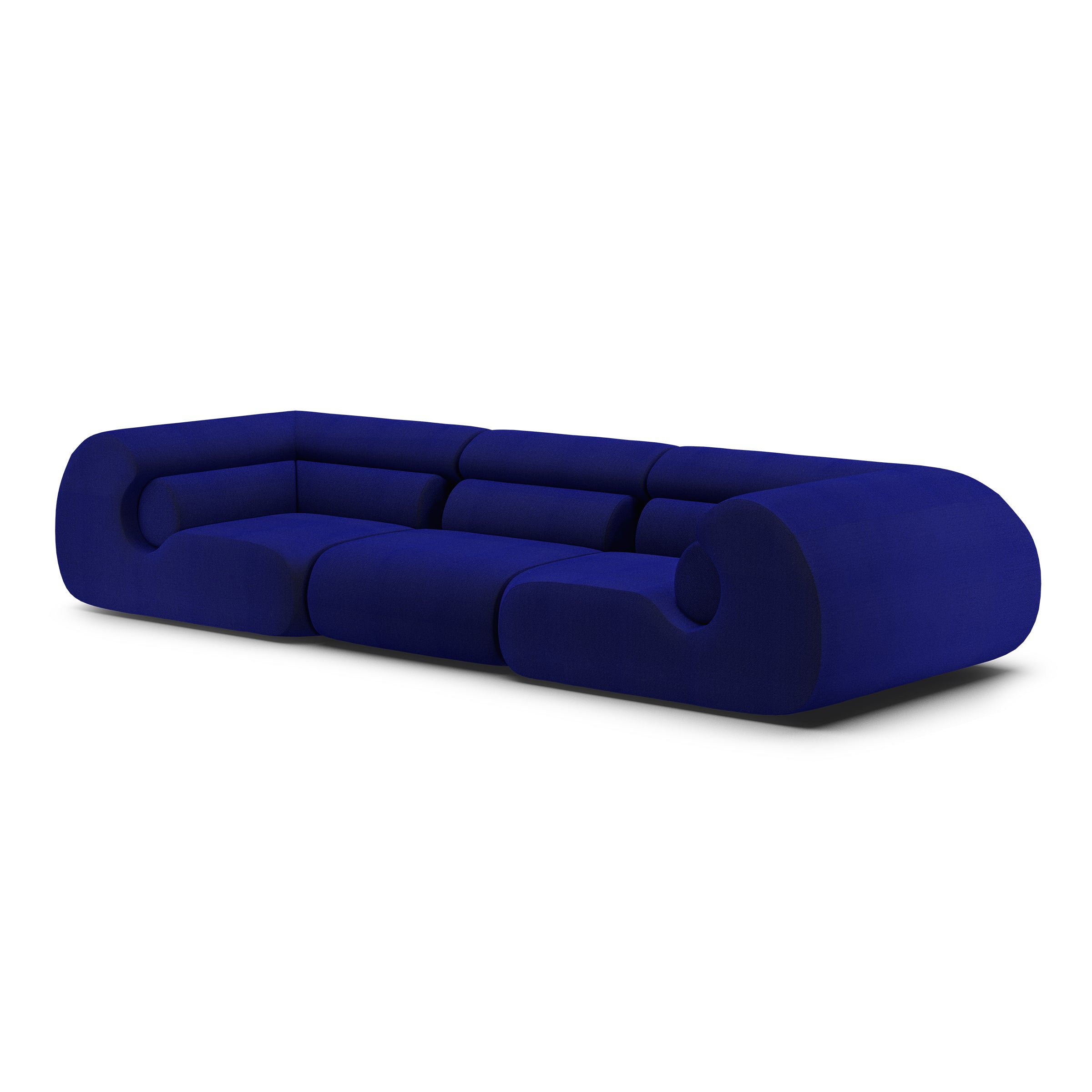 The Ola Sofa by Objekte unserer Tage is a modular marvel in deep Mediterranean Sea blue velvet, featuring bold geometric design and rounded edges. Its sections offer versatile arrangements, while memory foam cushioning ensures both elegance and modern comfort.