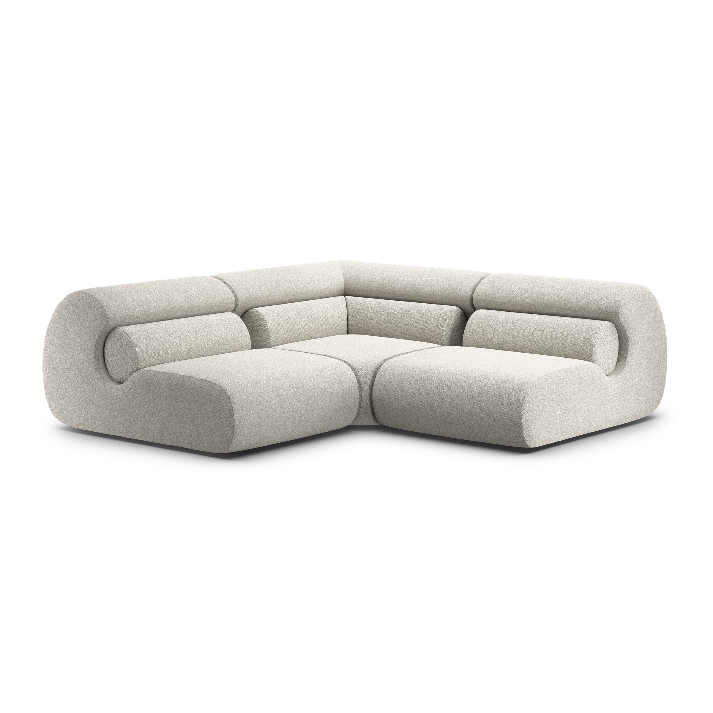 The Ola Sofa by Objekte unserer Tage is a modern, light gray sectional boasting a curved, minimalist design. With memory foam cushions and broad surfaces, it creates an inviting contemporary look inspired by the serene vibe of the Mediterranean Sea.