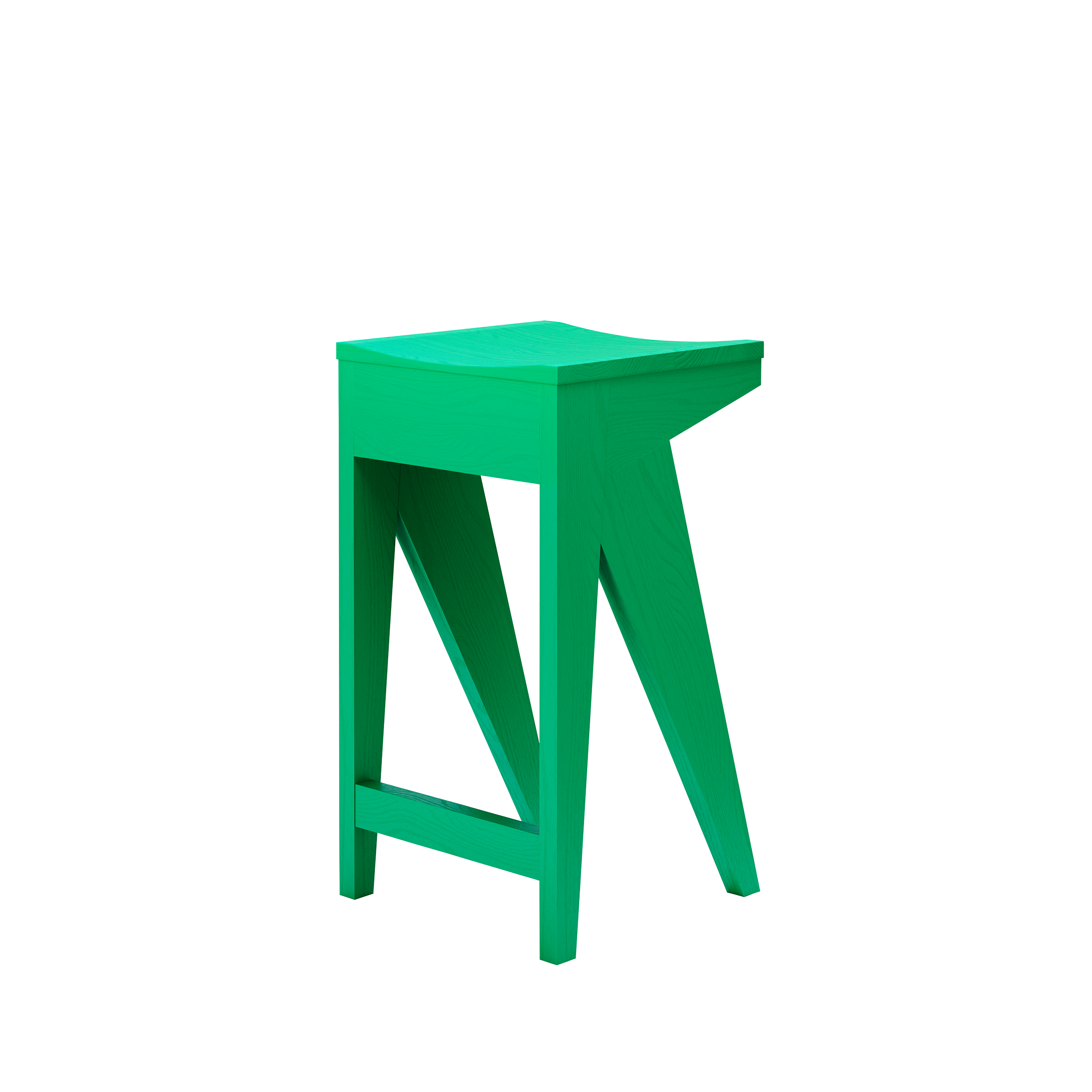 Explore the Schulz Barstool by Objekte unserer Tage—a contemporary green piece featuring a geometric design with an angular seat, triangular legs, and one uniquely angled leg for an artistic touch.